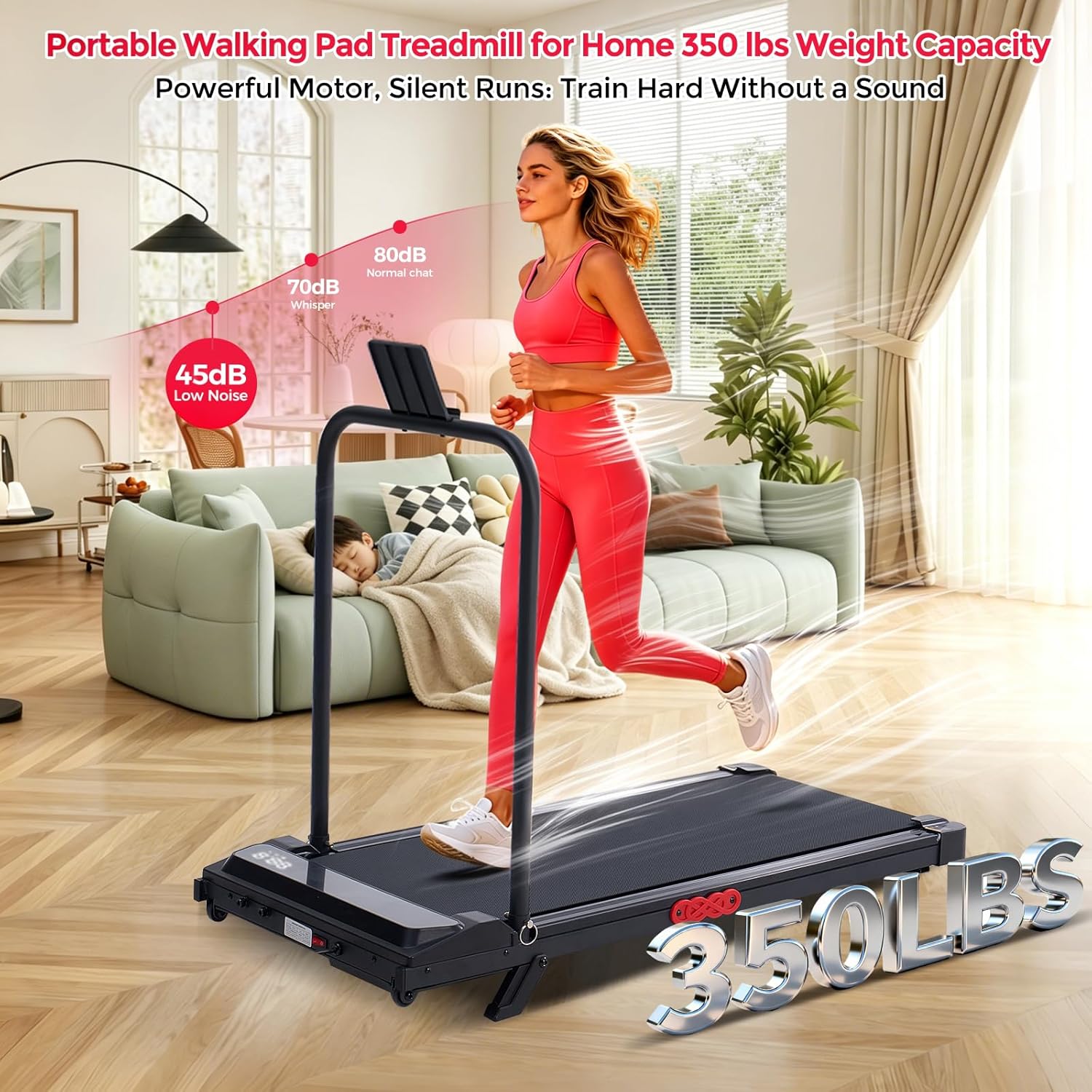 Walking Pad with Incline and Handle Bar, 3.0HP Electric Protable Mini Walking Pad Treadmills for Home Small Space, Small Treadmill for Exercising, 0.6-7.6MPH, 350LB Capacity image 7