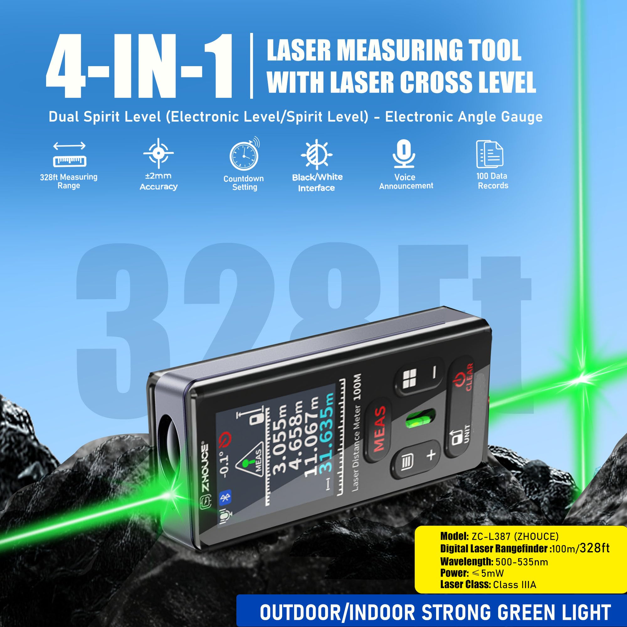 Medidor láser digital de distancia Longitud de onda: 500-535 nm, potencia: <5 mW, rango: 100 m, clase láser: IIIA
