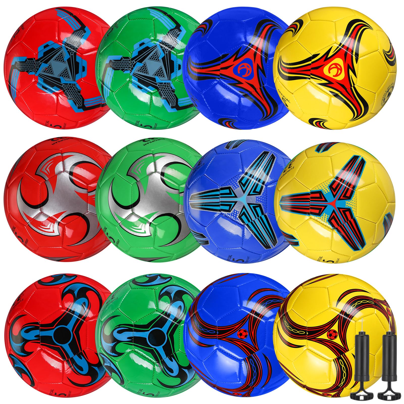 MiniInflat 12 Pcs Soccer Balls Bulk Size 4 Soccer Balls with Pump Soft Football Outdoor Indoor for Sport Training Practice Game Gift for Youth Teen Adult (Vivid,Modern)