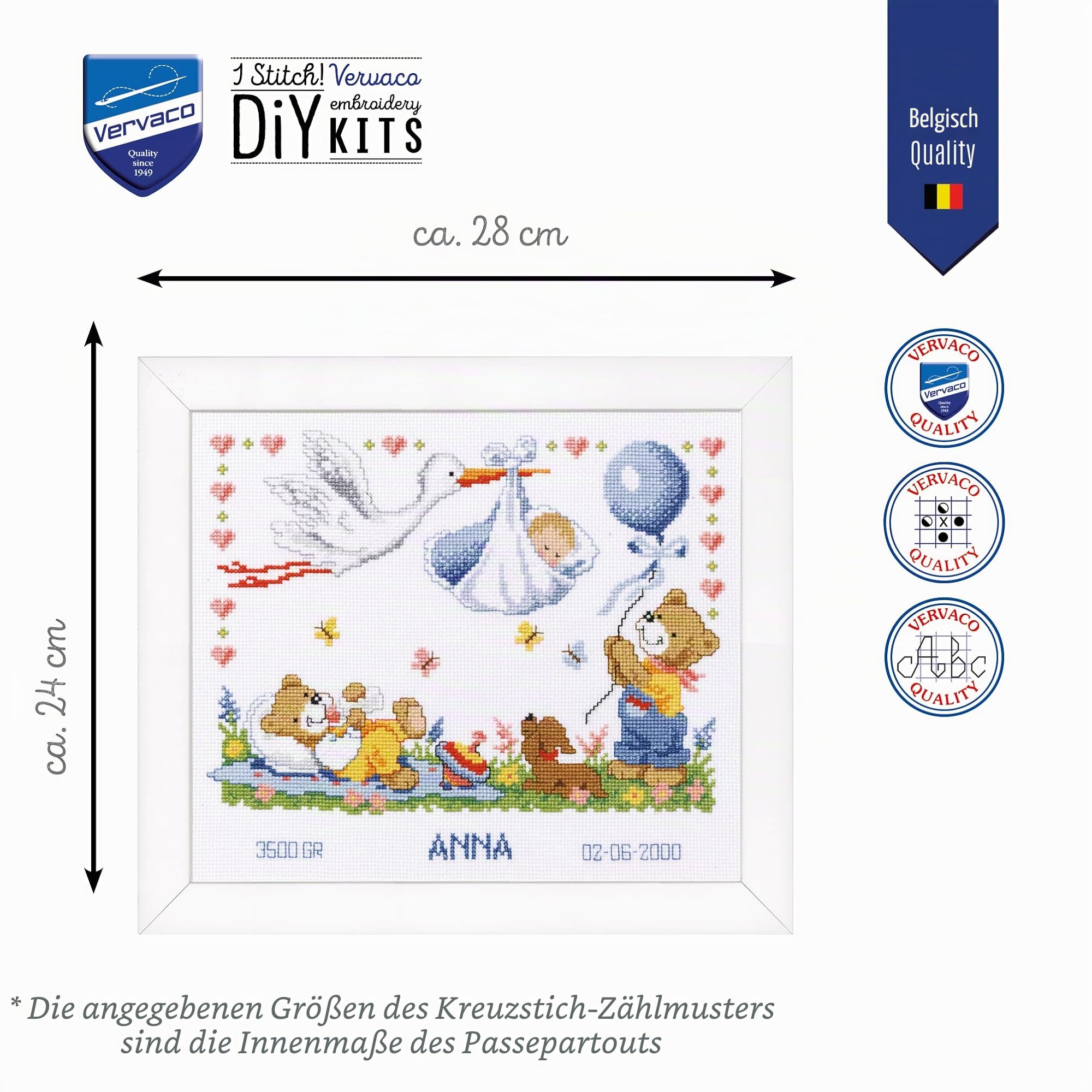Vervaco Gezählter Kreuzstich Stickpackungen Stickset Baby Geburt Storch Wanddekoration Handarbeit Set für Erwachsene Kreatives Handwerk ca. 28 x 24 cm Geburt Geschenk Hausdeko