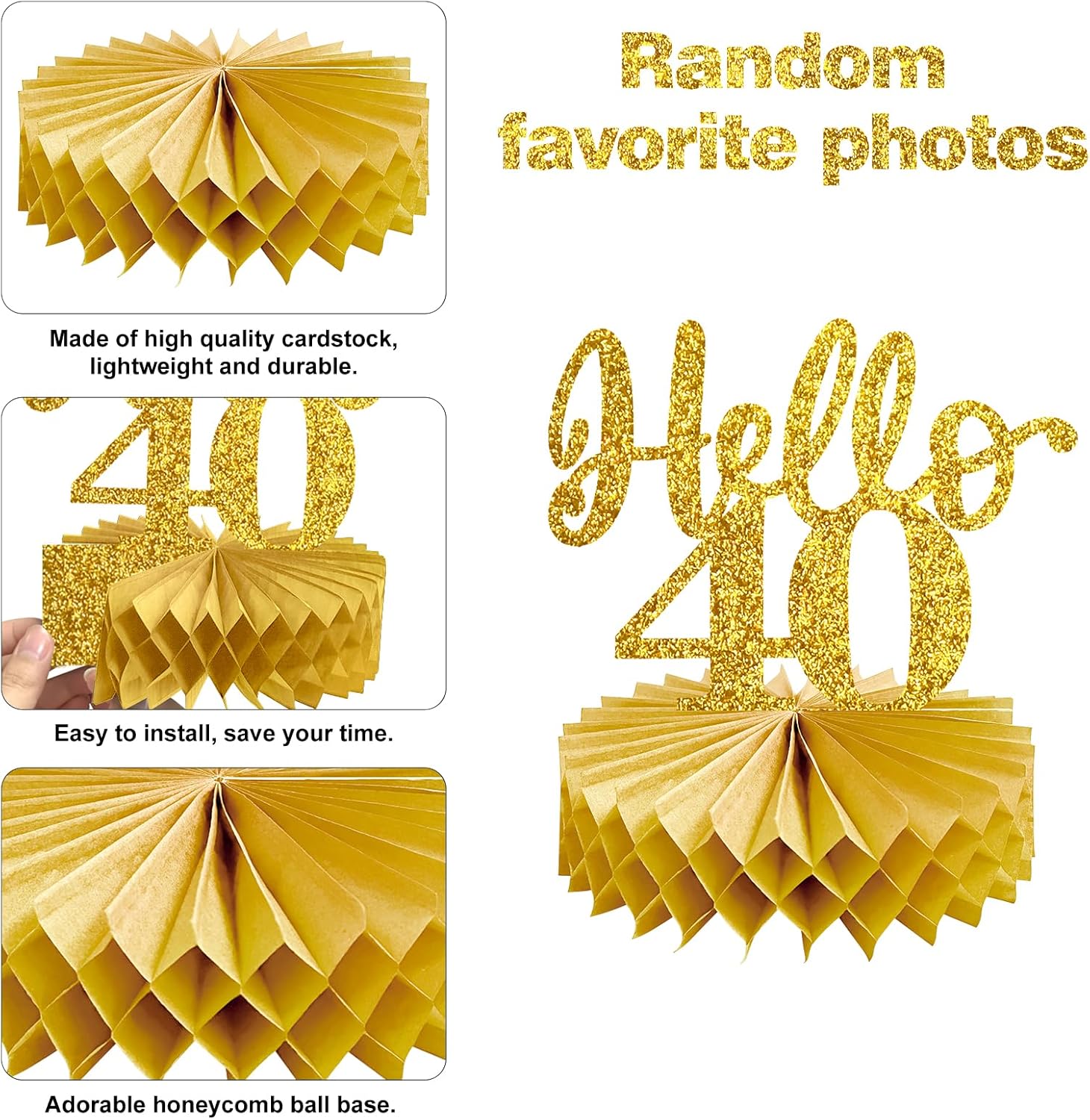 8Pcs 40th Birthday Decorations Honeycomb Centerpieces for Women Men, Black Gold Vintage 1986 40th Bday Photo Table Centerpieces Party Supplies, Glitter Cheers to 40 Year Old Bday Table Topper - Image 6
