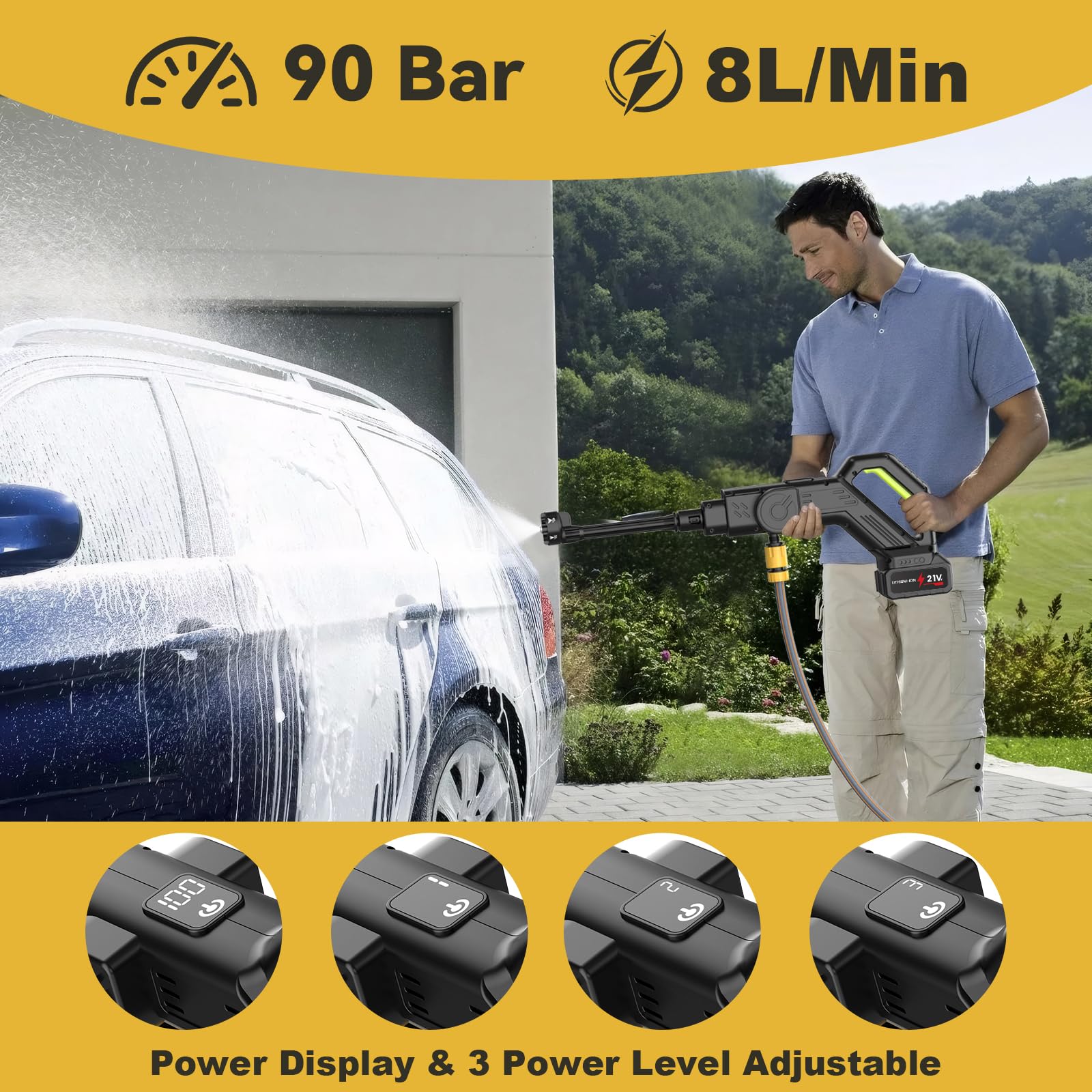 Hidrolimpiadora Bateria, 90Bar Hidrolimpiadora Portátil con 2 x 4.5Ah Baterías, Boquilla 6 en 1, 3 Niveles de Presión, Motor sin Escobillas, Pistola de Agua a Presión para Coche y Jardín