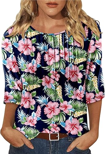 KISSMODA Tunic Tops for Women Loose Fit Dressy Round Neck Pleated 3/4 Length Sleeve Spring Tops