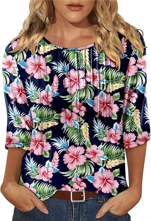 KISSMODA Tunic Tops for Women Loose Fit Dressy Round Neck Pleated 3/4 Length Sleeve Spring Tops