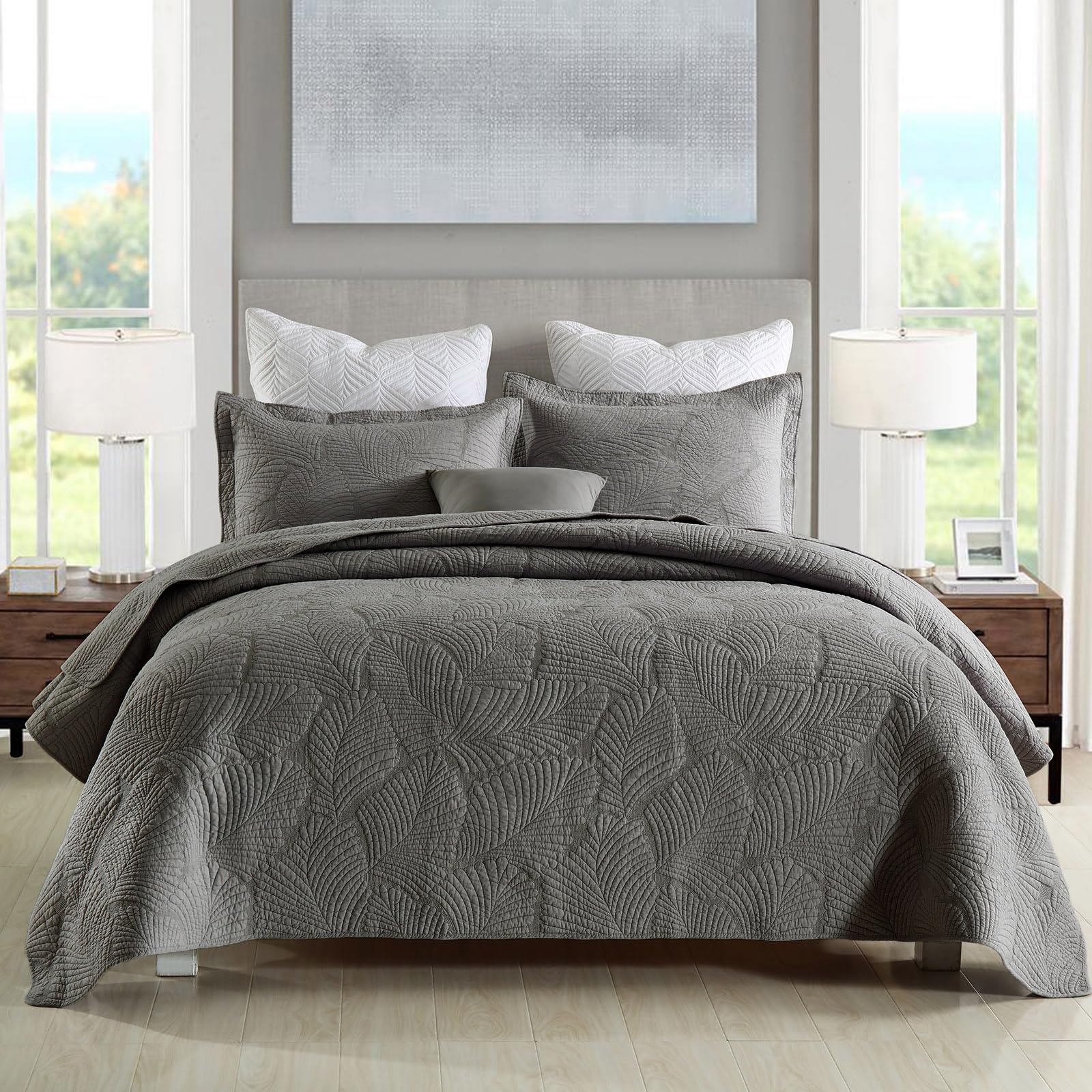 Colcha de algodón gris queen mixinni estampado palmeras él y ella