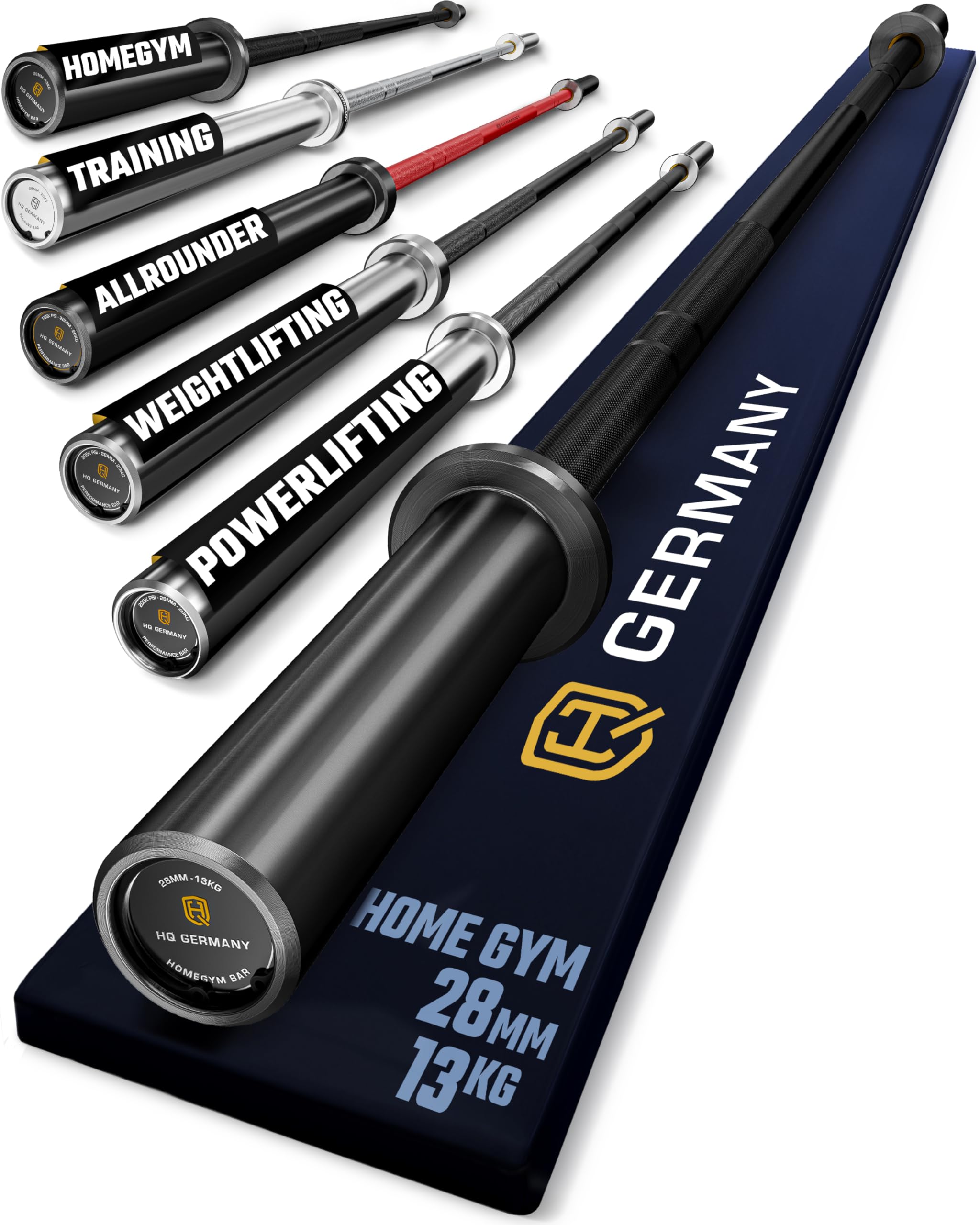 HQ Germany® Langhantelstange 50mm [Performance-Line] - Olympia Langhantel | 50mm Olympia-Aufnahme, Premium Stahl, hohe Belastbarkeit, Nadel statt Gleitlager, ±1% kalibriert, Premium Beschichtung