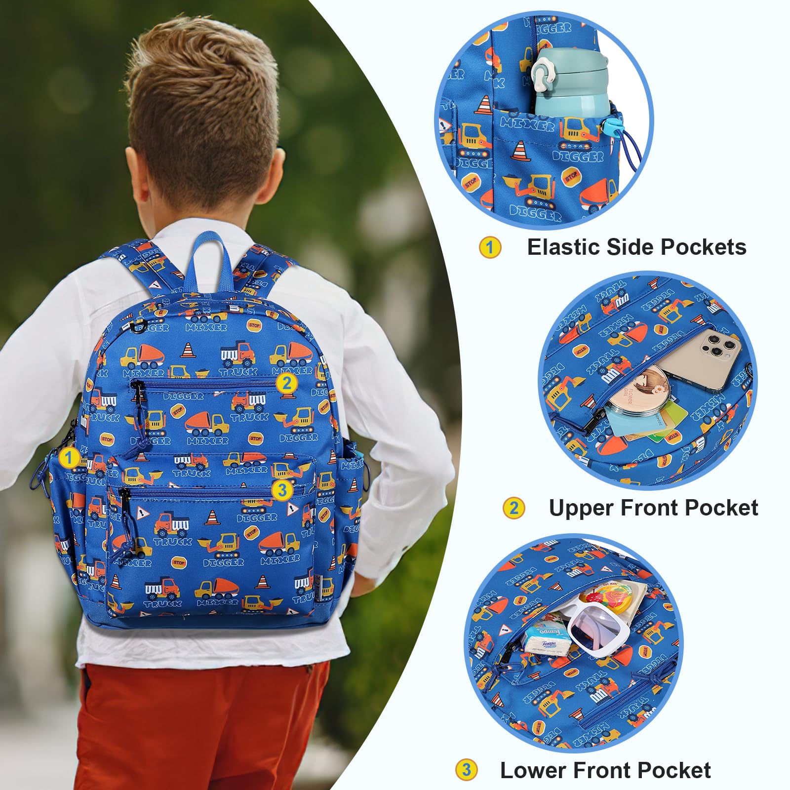 Chase Chic Mochila Escolar Niño Azul Celeste Construcción 5-9 Años - Tamaño Mediano 13L (Apto A4) Resistente al Agua Ergonómica para Primaria