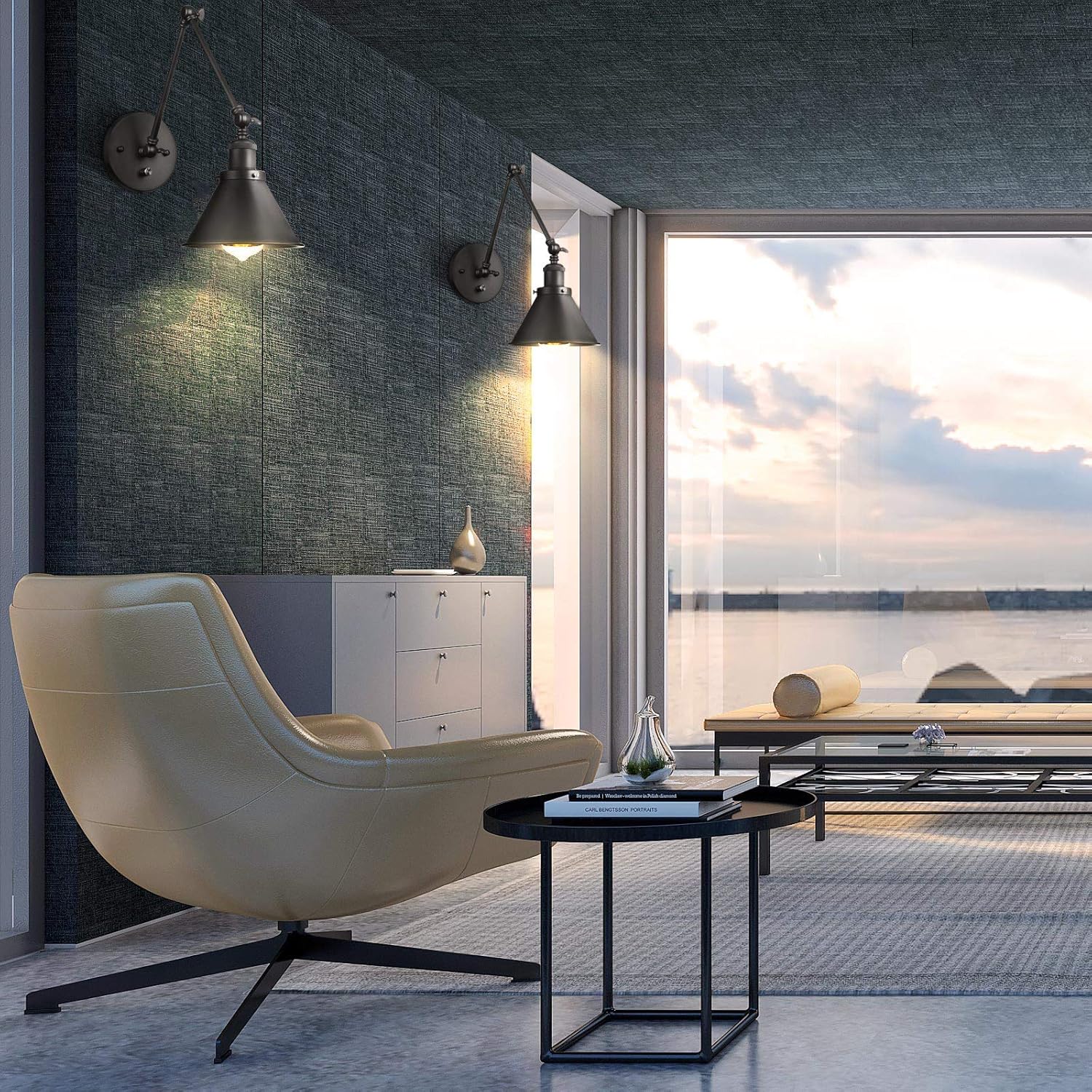 Review Product Balck Wrought Iron Wall Light Plug in Cord with On Off Switch Swing Arm Retro Vintage Wall Lamp Wall Mount Light Sconces 2 Lights