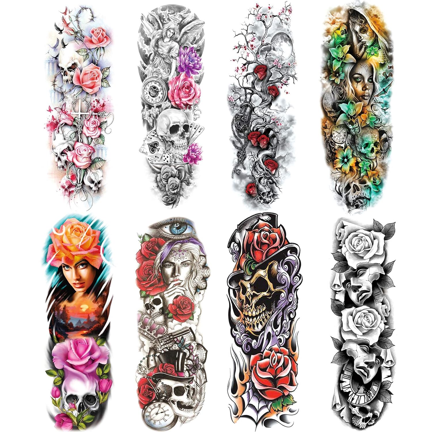 Flower Skull Sleeve Tattoos Stickers, Full Arm Halloween Skull Temporary Tattoos Sleeves, Fake Watercolor Flower Body Art Arm Tattoo for Adult Kids Women Makeup, 8-Sheet