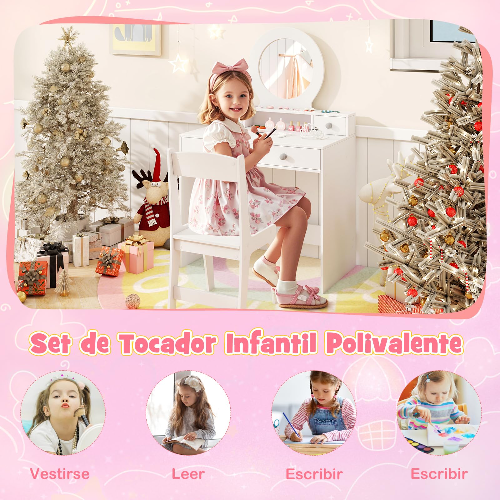GOPLUS Tocador para Niñas, Tocador Infantil con Espejo, Silla, 4 Cajones, Compartimento Abierto, Mesa de Maquillaje para Niñas, Regalo para Niños de 3+ Años