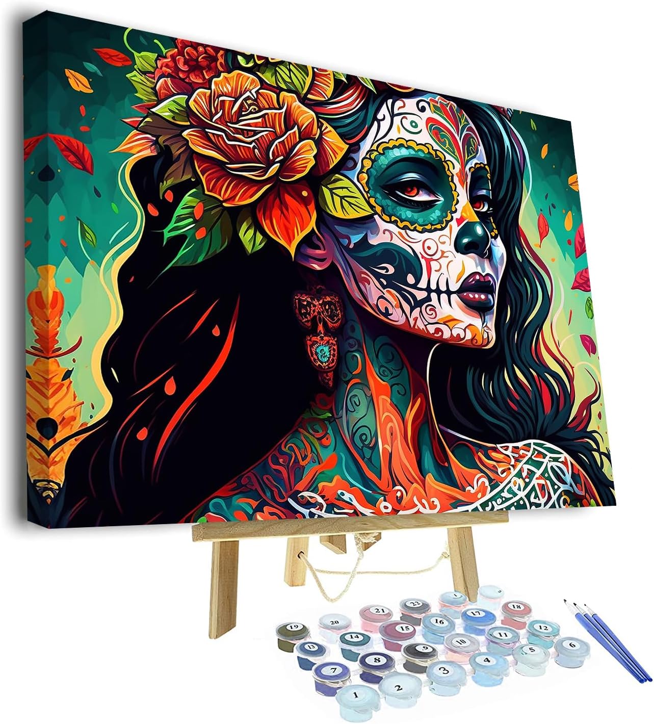 Maxican Girl Paint by Numbers Kit for Adults, Carnival mask for Day of the Dead Paint by Numbers Kits, DIY Canvas Oil Painting Paint by Number for Adults Beginners Enthusiasts 16x20inch With Frame