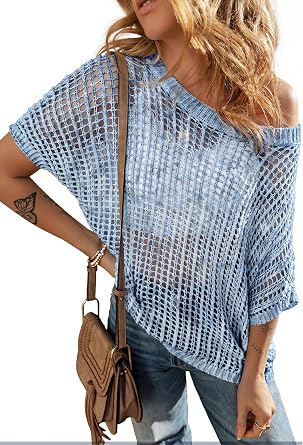 Womens Casual Summer Crochet Tops Short Sleeve Hollow Out Sweater Shirts Beach Knit Coverup
