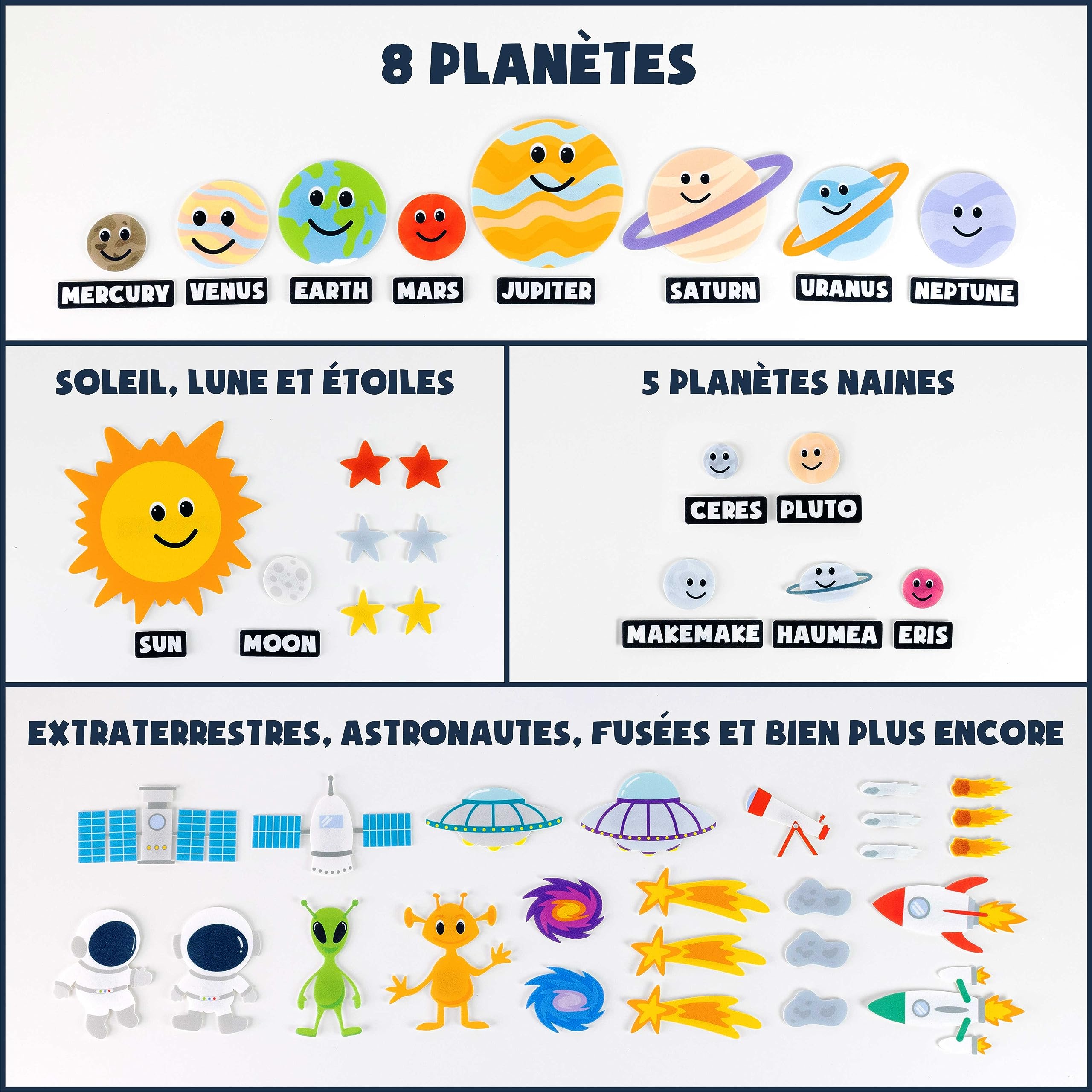 BONNYCO Systeme Solaire Enfant 61 Figurines Feutre Planetes Jouet Montessori Educatif Cadeau Garcon Espace 3 4 5 6 7 8 Ans