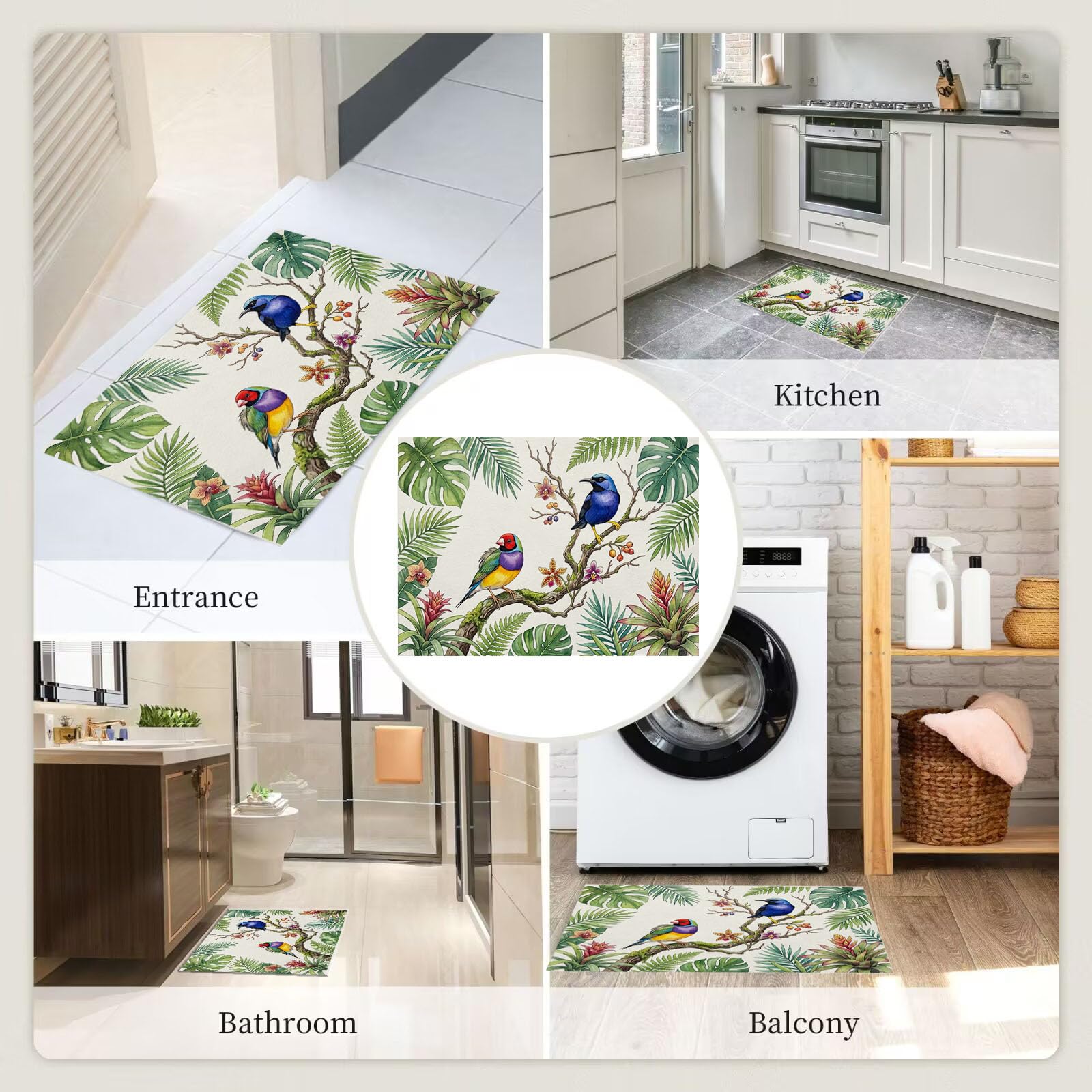 Zerbino Interni Foresta Tropicale 60X90Cm, Antiscivolo Lavabile, Tappeto Da Ingresso Uccello Ad Acquerello Naturale, Tappetino Pelo Basso Antipelo Per Porta D’Ingresso, Beige