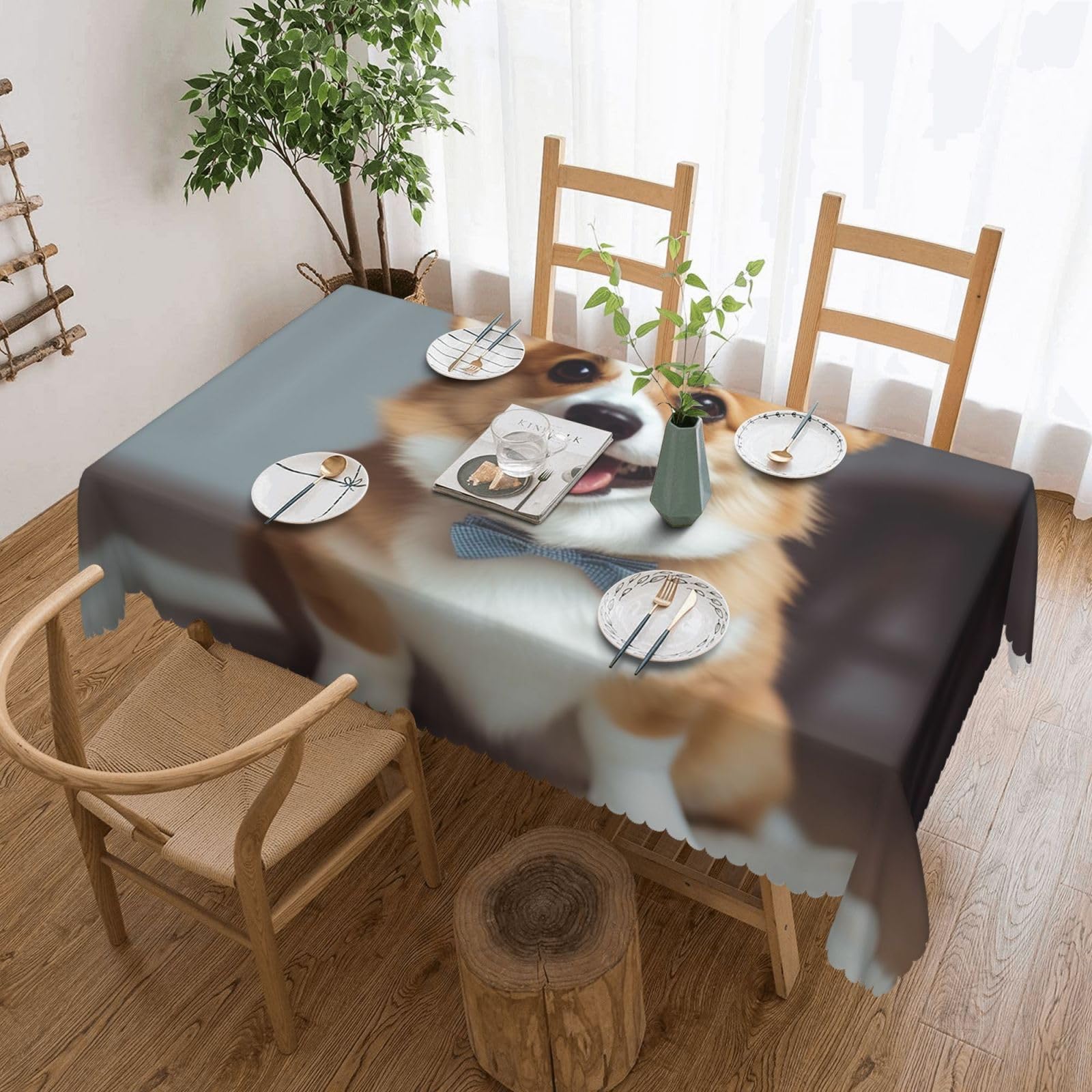 WPKJU Cute Corgi Art Printed Rectangle Tablecloth 72x54 Inch with Lace Trim, Water-Resistant Washable Table Cover for Farmhouse Weddings, Outdoor Picnics & Holiday Dining