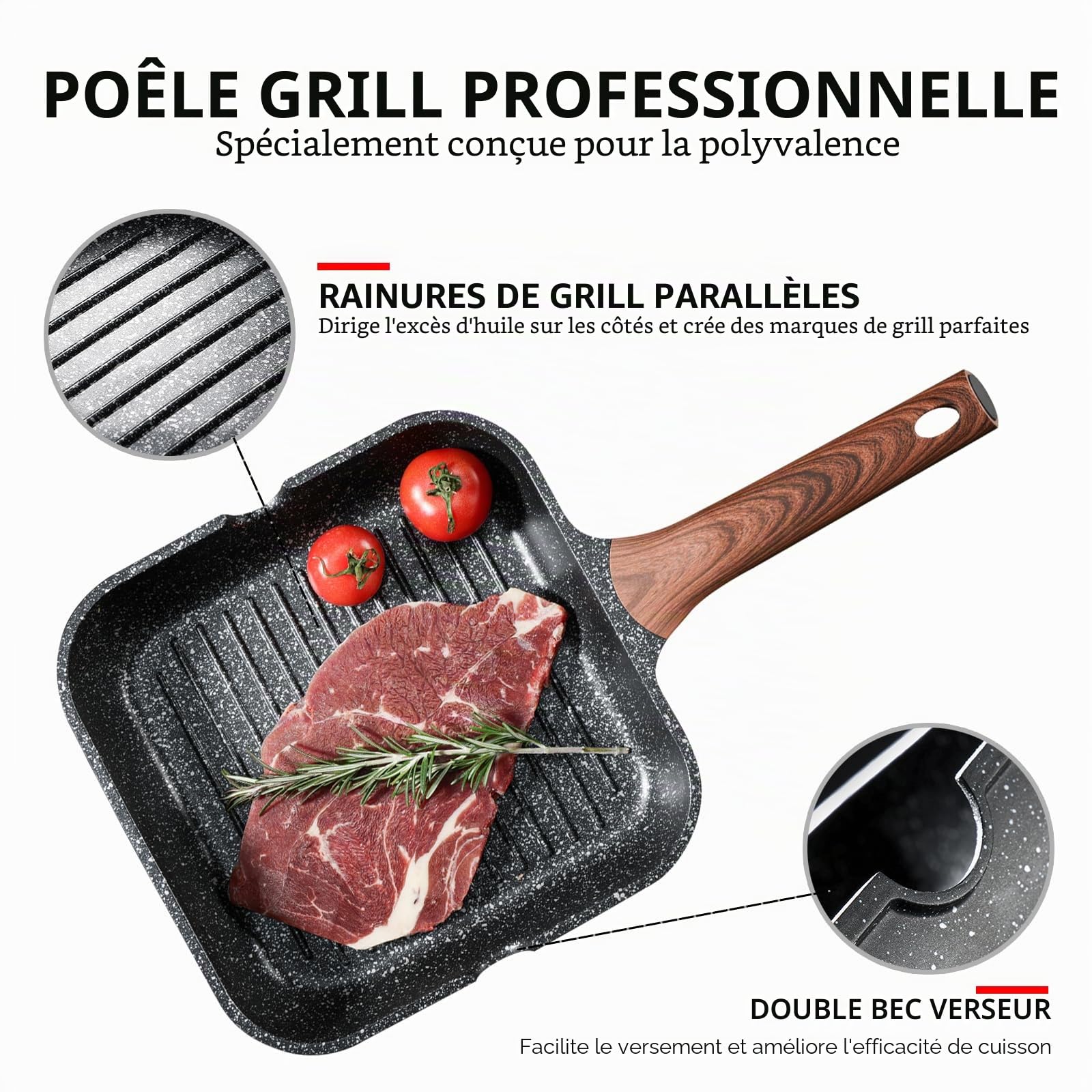 Kordisen Poêle à griller antiadhésive pour plaque de cuisson, 24 cm carré, avec revêtement en granit, bec verseur, compatible induction, poêle à steak polyvalente, sans PFOA