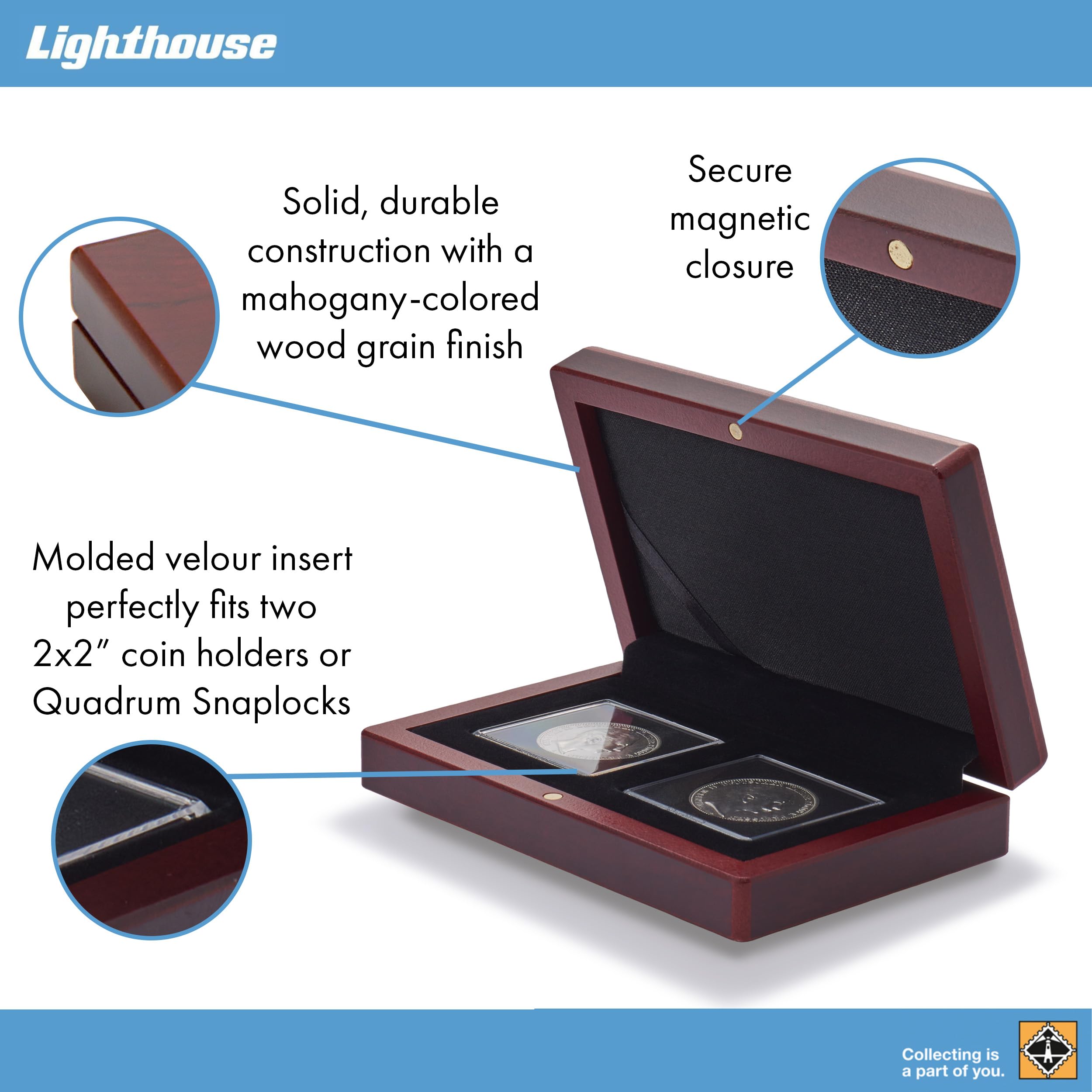 Leuchtturm 339048 Astuccio per Monete VOLTERRA - Divisione angolare per Monete con Capsula 2X QUADRUM - Color Mogano