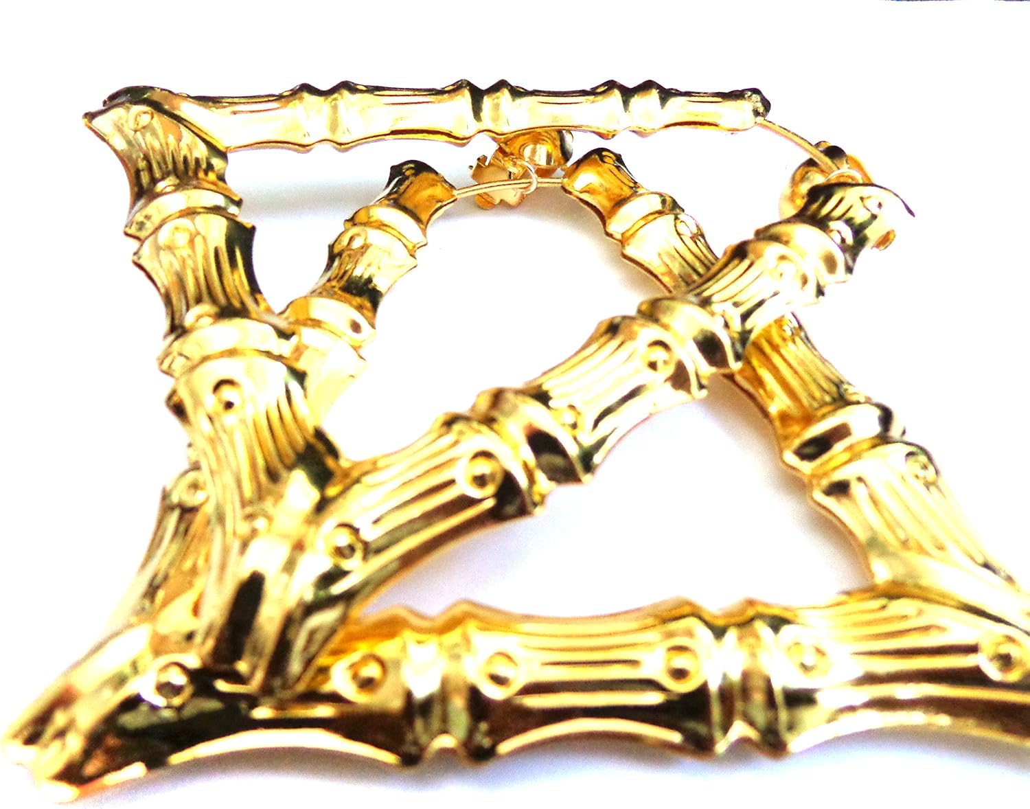 Clip-on Earrings Large Bamboo Triangle Gold Tone Hoop Earrings 3.5 inch Large
