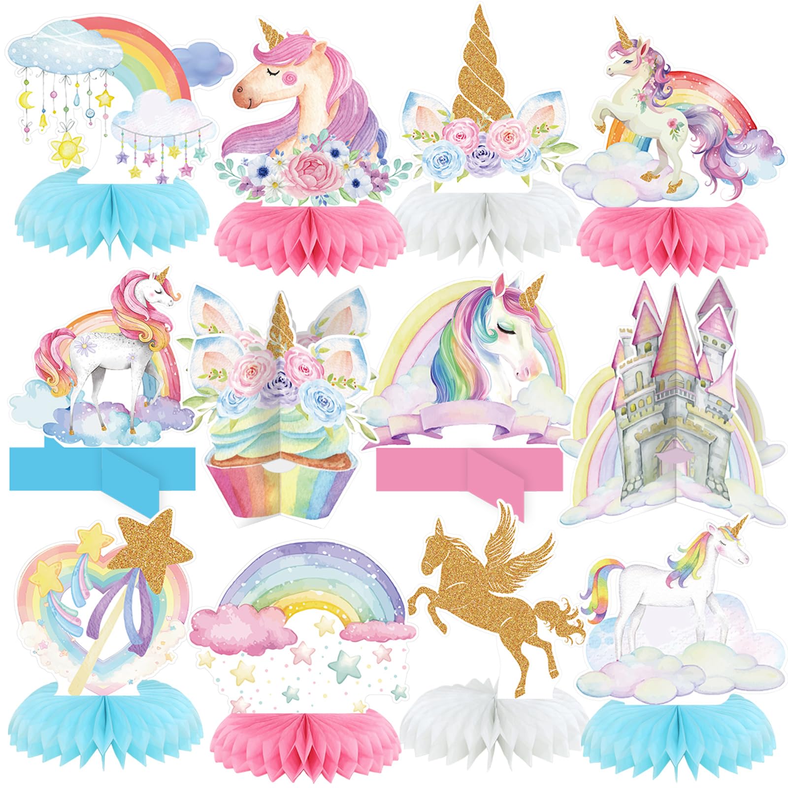 Pickmesh 12 Pcs Unicorn Birthday Party Decorations Unicorn Honeycomb Centerpieces 3D Pastel Double Sided Rainbow Cloud Cupcake Castle Table Decoration