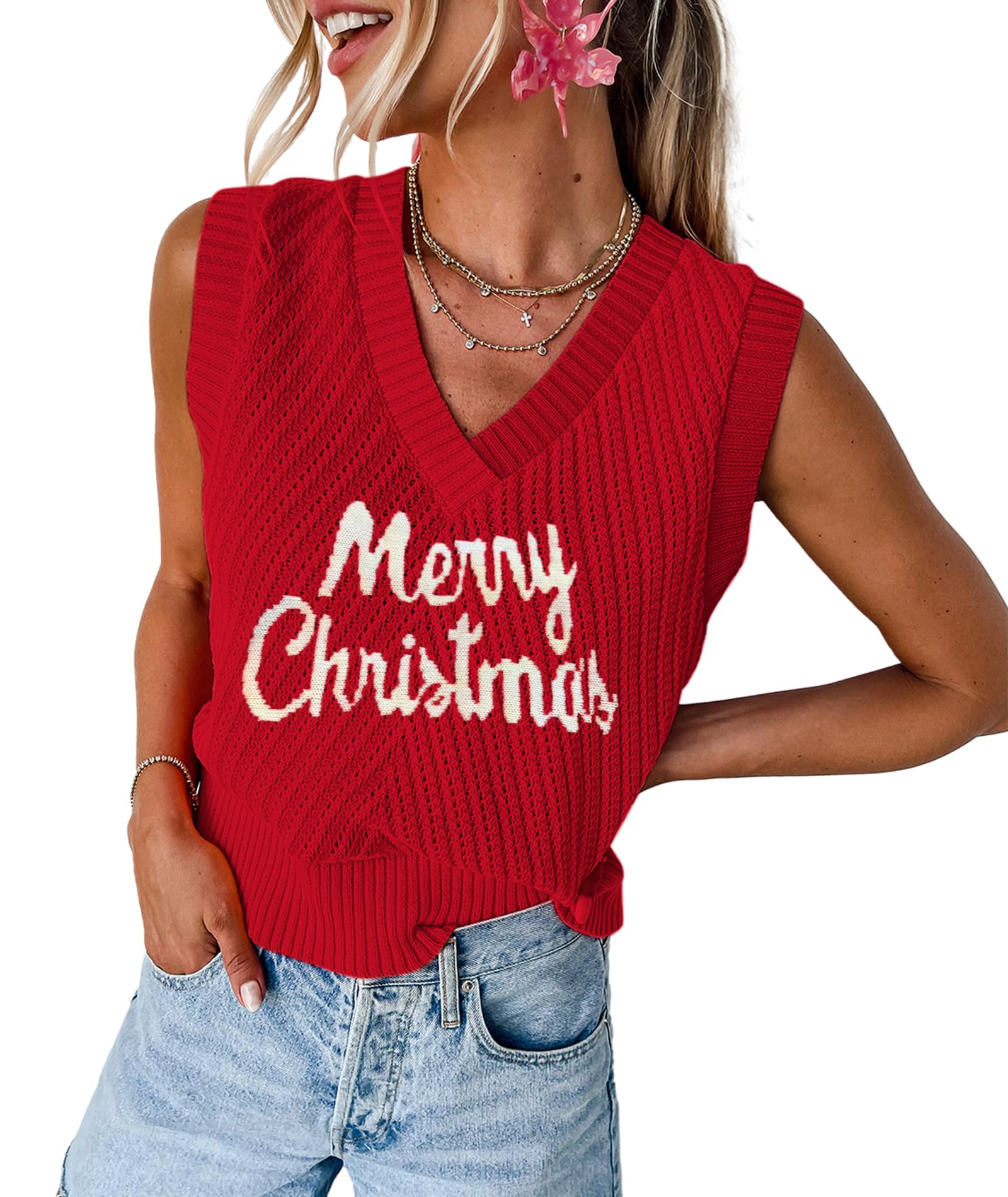 MARZXIN Women Sleeveless Sweater V Neck Casual 2025 Fall Knitted Chevron V Neck Sweater Vest Color Block Pullover