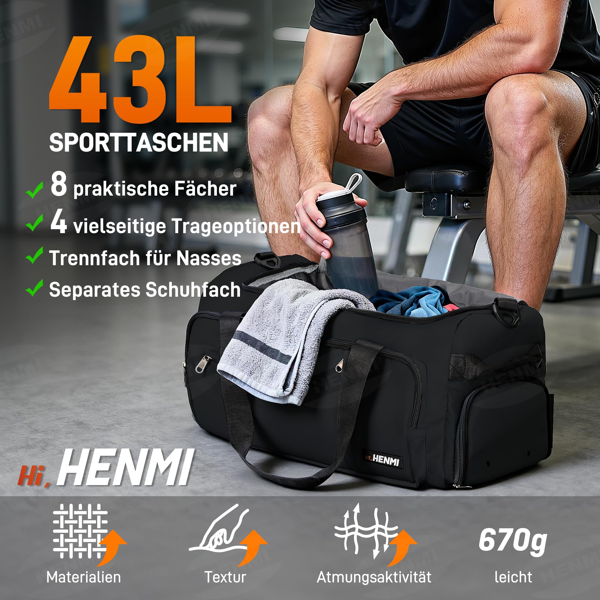 HENMI Sporttasche & Reisetasche für Herren und Damen, 43L Groß gymbag mit Schuhfach und Nassfach, Faltbare Gym Tasche für Sport und Travel, Sport Tasche, Trainingstasche, Gym Tasche (Schwarz)