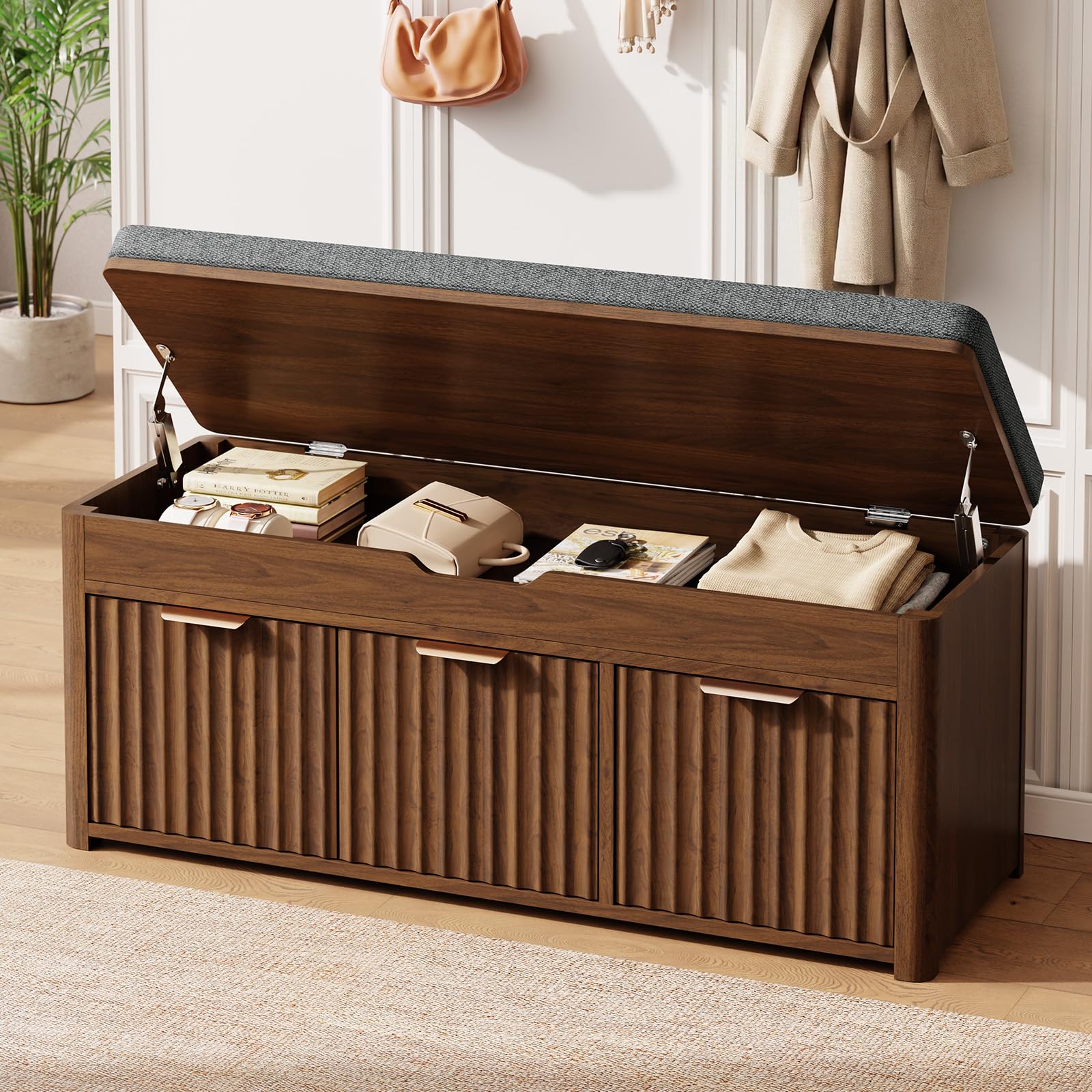 Walnut Shoe Bench with Lift-Top Storage