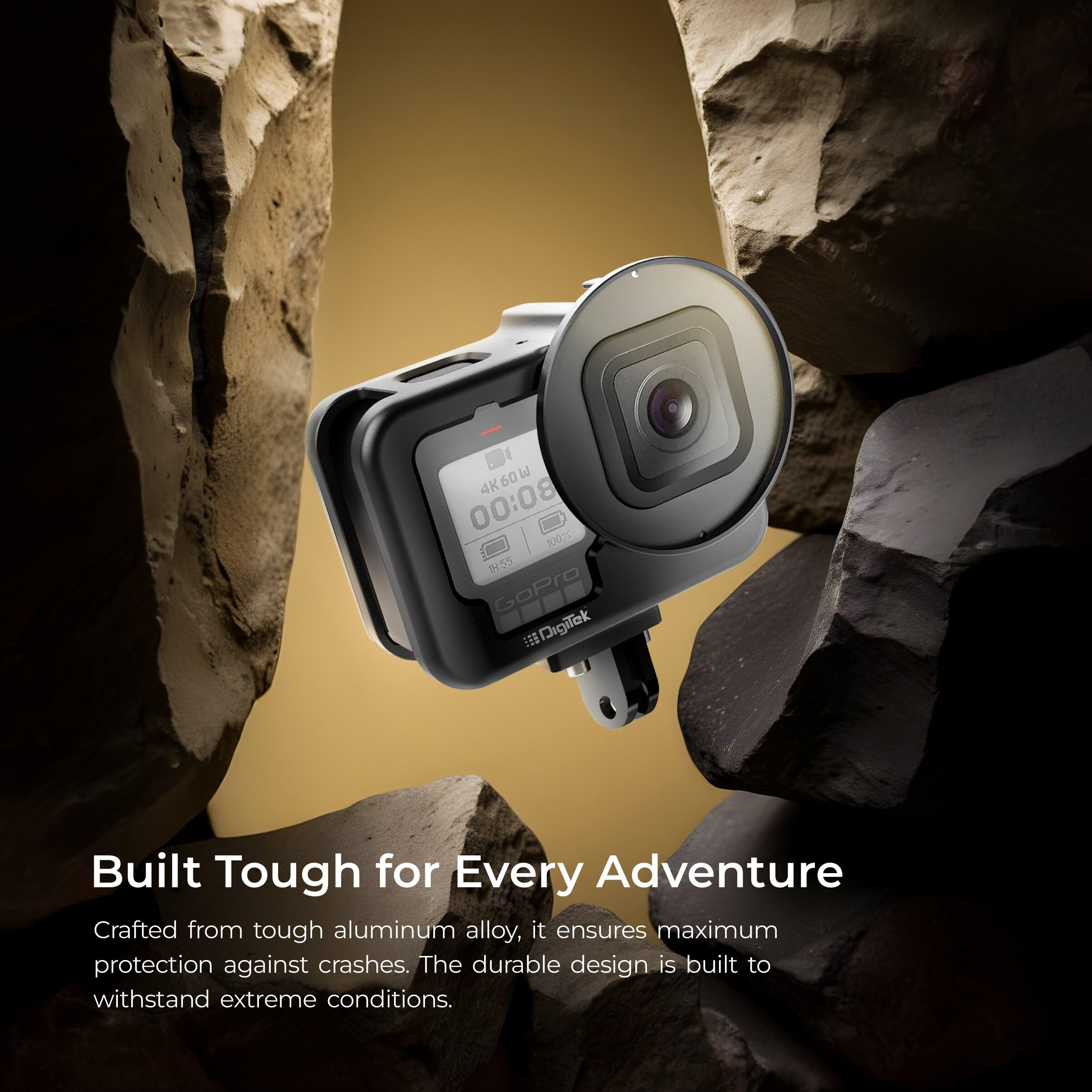 DIGITEK® Cam Cage for GoPro Hero 12, Lightweight Aluminum Body, 52mm Filter Interface, 1/4" & 3/8" Screw Holes, Mount LED Lights & External Mics, Ideal for Adventure Riding & Outdoor Vlogging 2