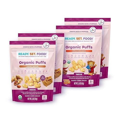 Ready Set Food Organic Puffs - Bocadillos de introducción temprana de alérgenos con 9 alérgenos principales maní orgánico, anacardo, huevo y más,