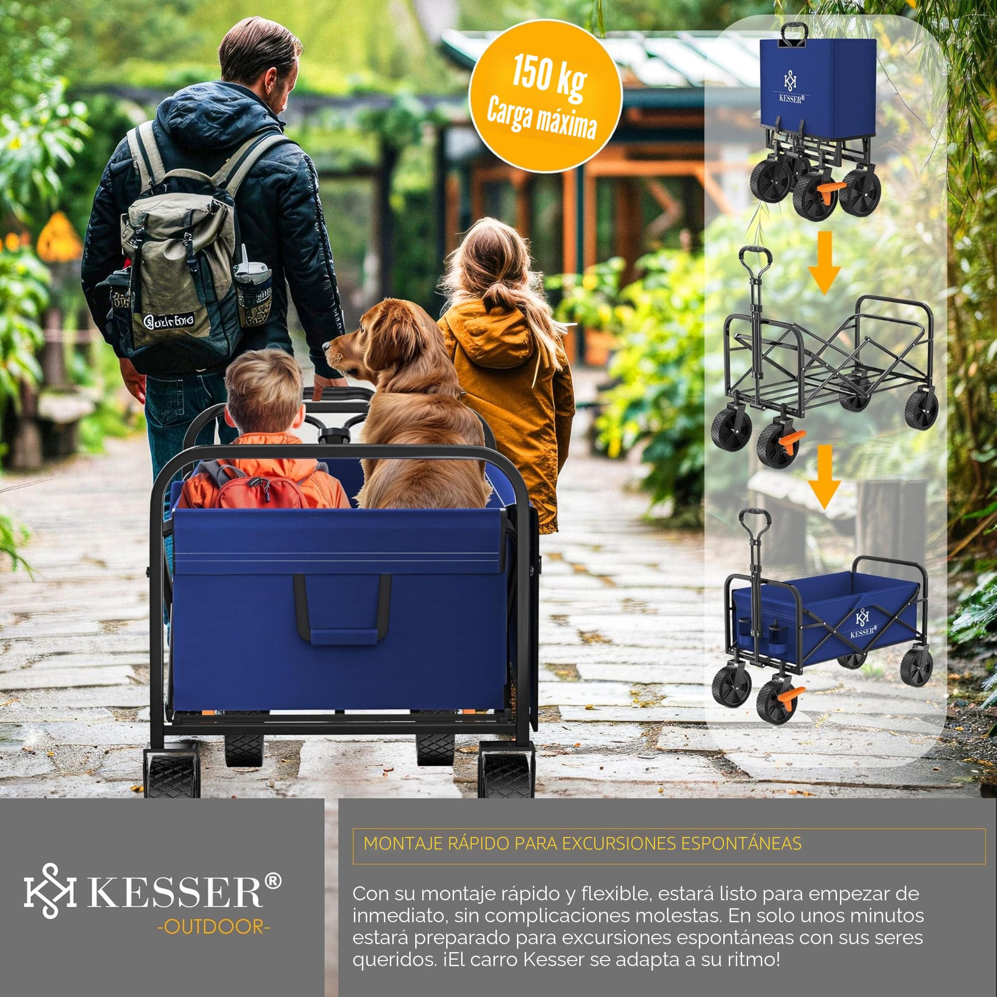 KESSER® Carro Plegable de Mano, de Equipamiento, Incluye 2 Bolsillos de Malla, neumáticos de Goma Maciza, Capacidad de Carga de hasta 80 kg