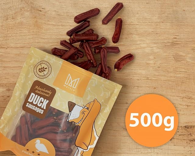 Foto 6 de 7 de MERSJO Snack Premium para perros con salchichas de pato para perros, 2 x 500 g, sin gluten, 90% carne de pato