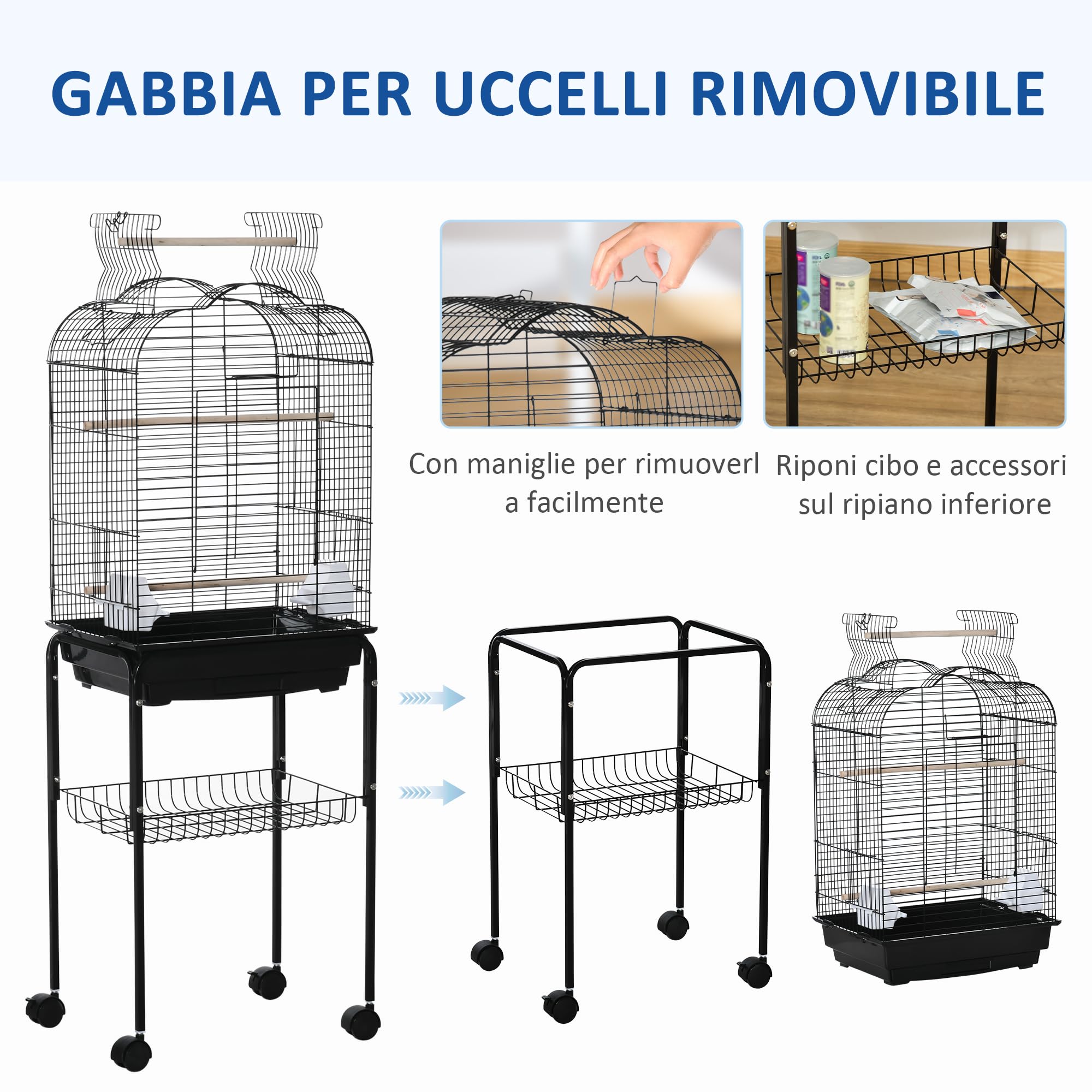 PawHut Gabbia per Uccelli con 3 Posatoi, 2 Ciotole e 2 Porte Laterali, Gabbia per Animali in Acciaio, PP e Legno, 46x36x130 cm, Nera