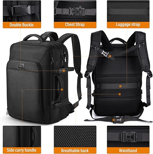 Miniatura 6 de HOMIEE Mochila de viaje de 22 x 14 x 9 aprobada por aerolíneas de 50 L, mochila de viaje extragrande expandible para laptop, color negro