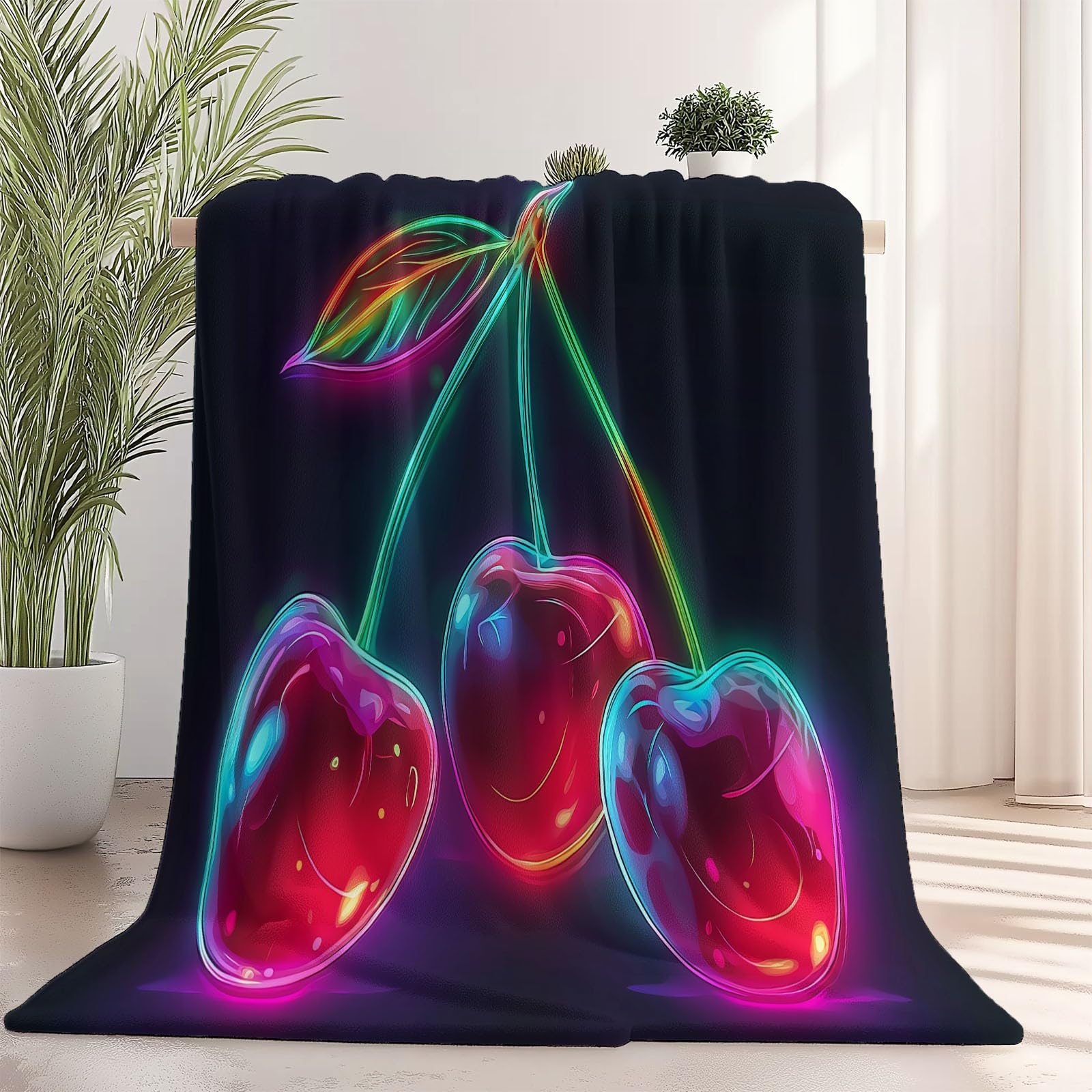 Miękki i przytulny flanelowy koc polarowy 150 x 200 cm - Ciepły pluszowy koc podróżny z nadrukiem z motywem wiśni, dekoracyjna narzuta czarna na sofę i łóżko podróżne