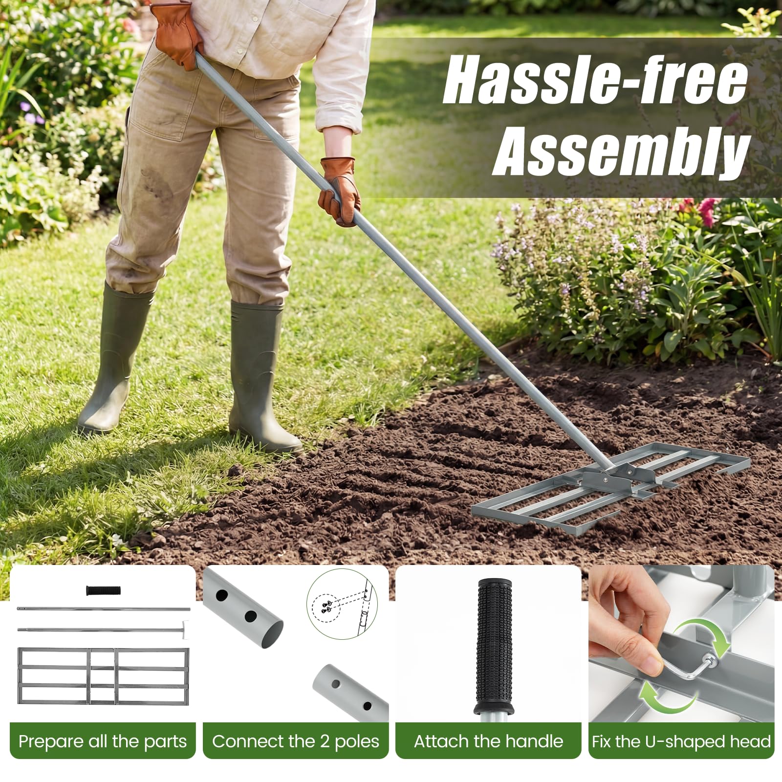 Rastrillo nivelador de césped, 75 x 25 cm/30" x 10" Herramienta de metal resistente para nivelar el césped con mango ajustable, nivelador de suelo que ahorra esfuerzo para jardín, patio, césped y c
