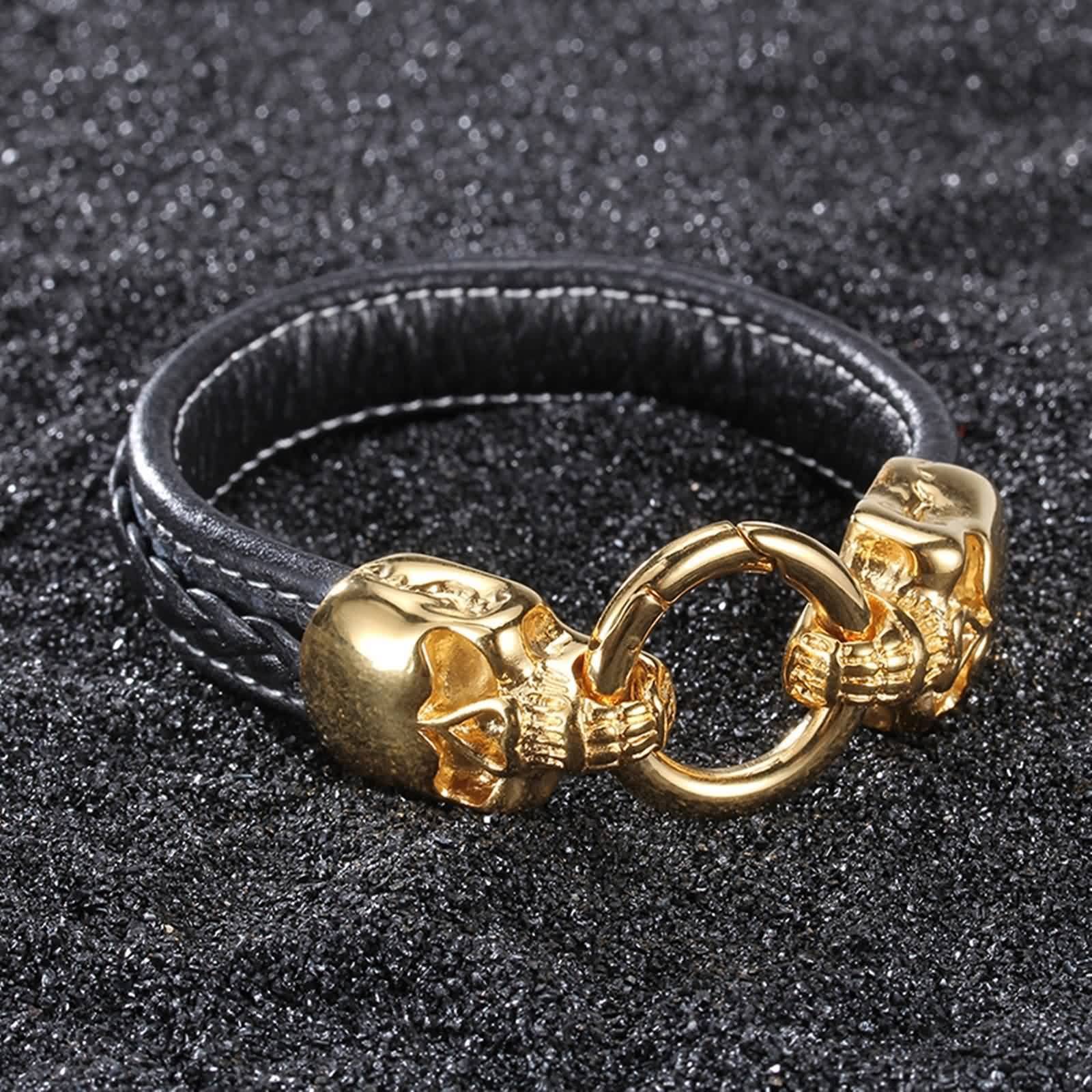 Bracelet Homme, Bracelet Cuir Tete de Mort Homme Acier Inoxydable Gourmette Cool Mode Bijoux Cadeau