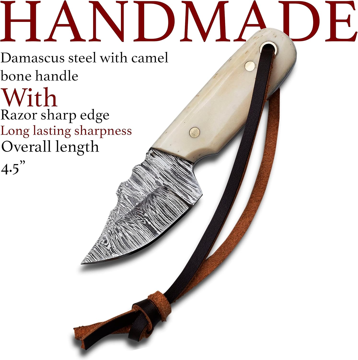 Damascus Steel EDC Knife 4.5" Fixed Blade Mini Knife for Skinning,Survival,Camping and Outdoor Enthusiasts with Natural Handle and Leather Sheath Brand (BONE HANDLE) - Image 2