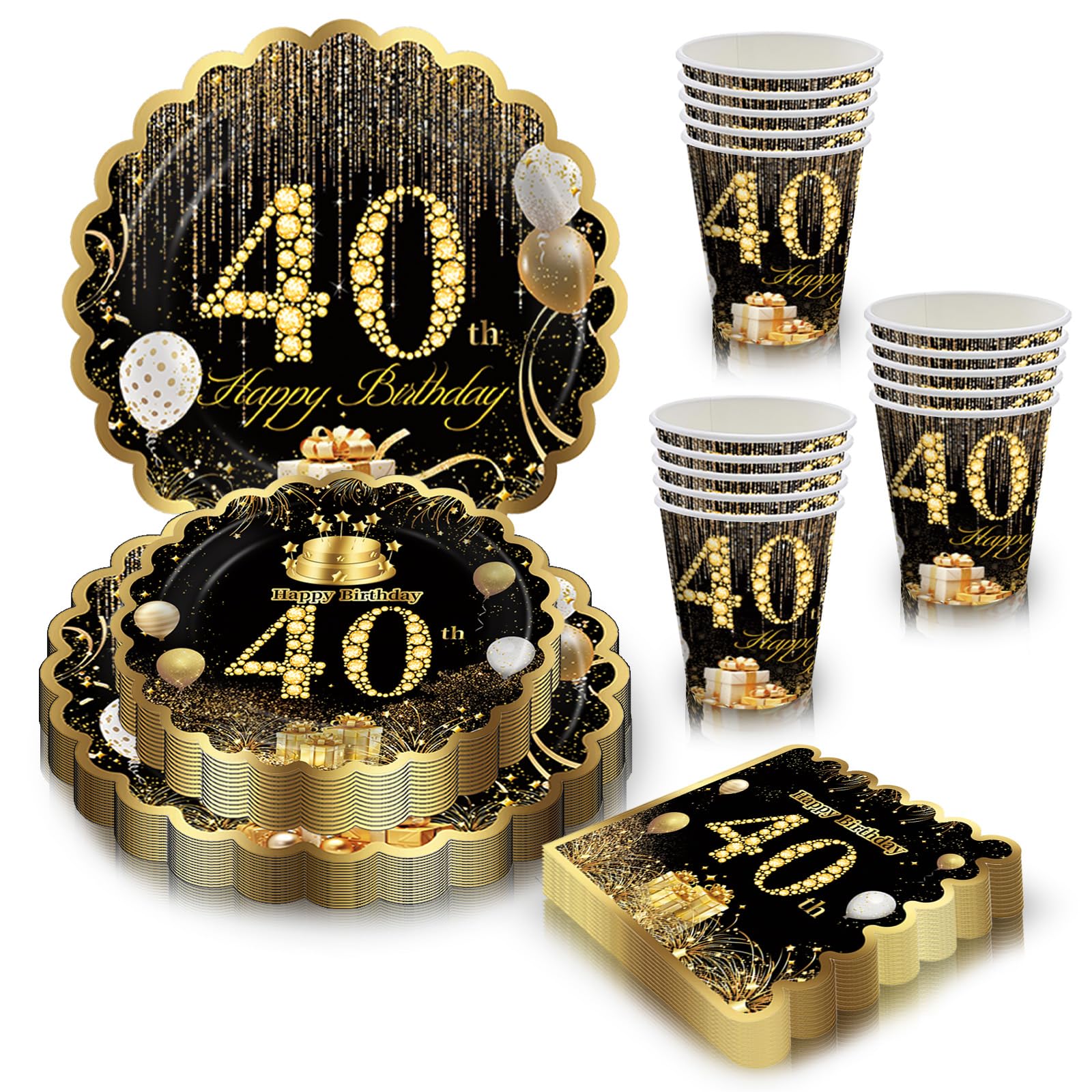 80pcs Black Gold 40th Birthday Decorations for Women Men,Scalloped Gold Edges 40th Birthday Plates Cups and Napkins Disposable 40 Party Tableware Set for Him Her 40th Birthday Gifts Table Decorations