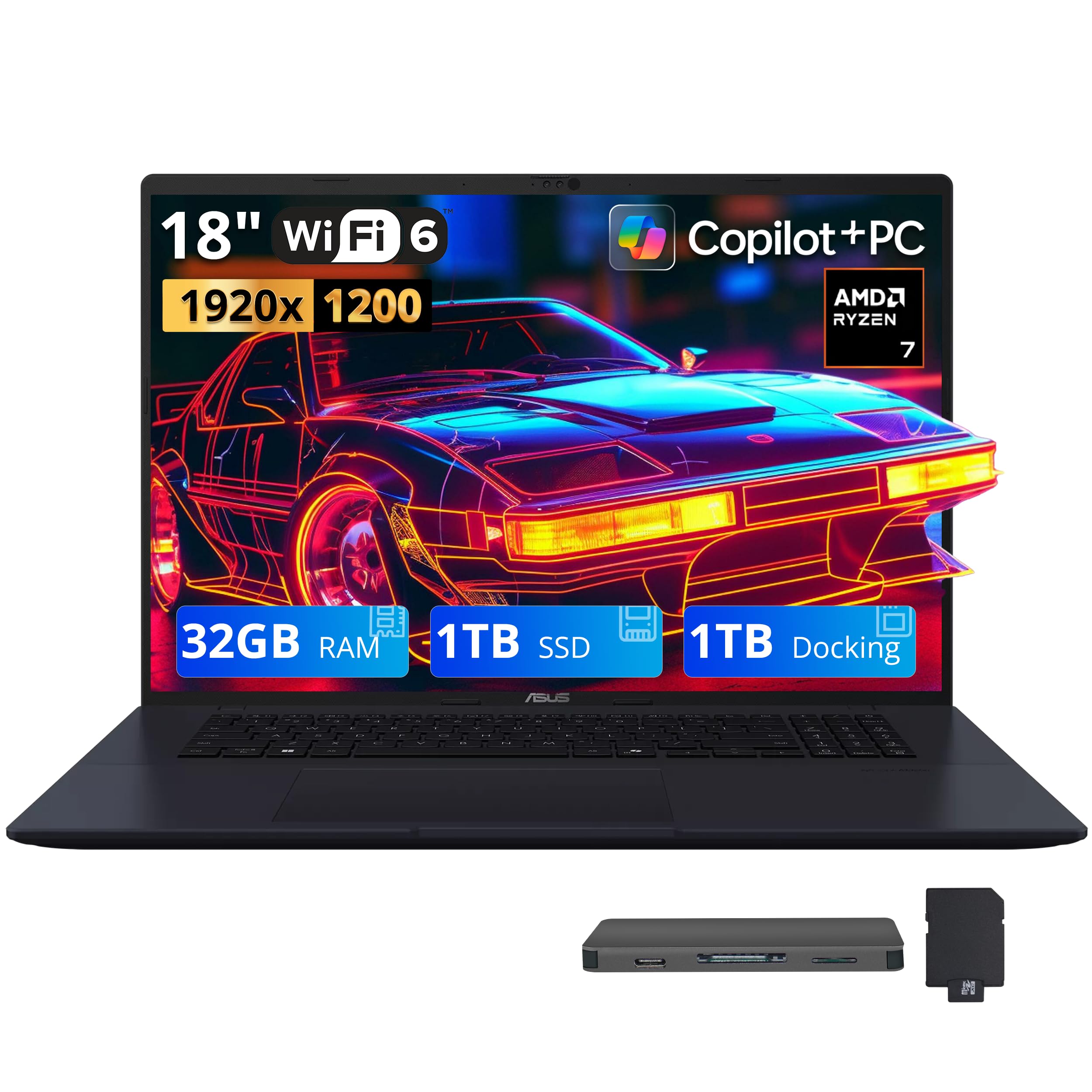 ASUS Vivobook 18 18" WUXGA 144Hz Business Laptop, AMD Ryzen 7 260, 32GB DDR5, 2TB di storage (SSD 1TB + docking station 1TB), grafica AMD Radeon, PC Copilot+, tastiera retroilluminata, Wi-Fi 6, Win 11