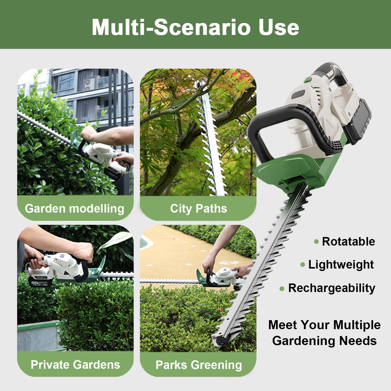 Cortasetos inalámbrico de jardín de 200 W, 2 baterías, 60 Minutos de autonomía, Cuchilla de Doble Filo de 51 cm, Cortador eléctrico de Mano para arbustos y Matorrales, Mango de Agarre Suave.