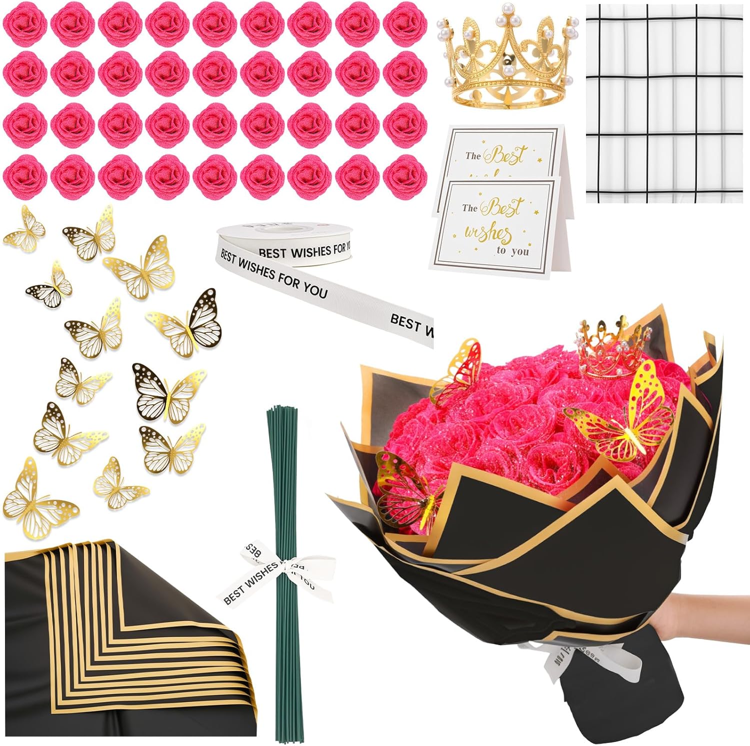 36 PCS Hot Pink Glitter Roses Bouquet Kit, Sparkling Flower Arrangement with Stems, Butterflies, Crown, Wrapping Paper, Card, Ribbon for Wedding, Holiday, Mother’s Day, Birthday, DIY Crafts - Image 8