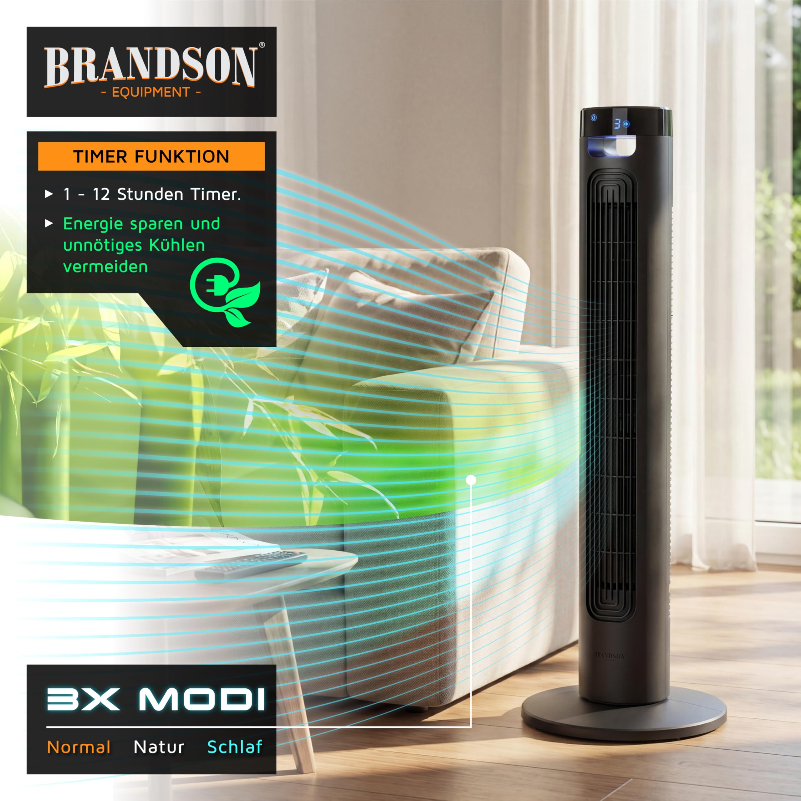 Brandson - Turmventilator mit Fernbedienung - Sieger Ventilatoren und Luftkühler 2026 - sehr leise - LED Display – 3 Geschwindigkeitsstufen 3 Modi – Oszillation - Standventilator Ventilator Kühlung
