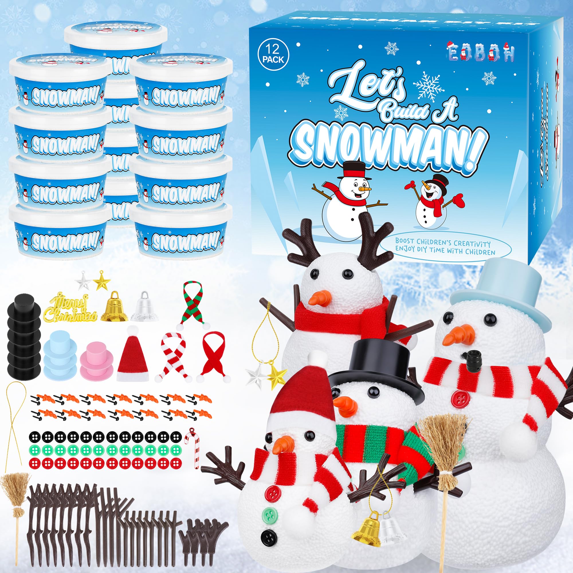 12 Pack Christmas Craft, DIY Snowman Kit for Kids, Build a Snowman Kit Indoor Decorations, Creative Kids Air Dry Modeling Clay, Xmas Activities Snowman Making Kit Gifts Toys for Holiday Favor Supplies