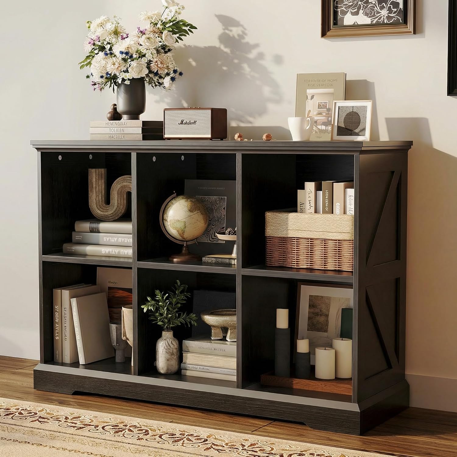 IRONCK 6 Cube Storage Organizer, Wooden Cube Shelf with Storage, Farmhouse Bookcase for Bedroom, Living Room and Home Office, Black