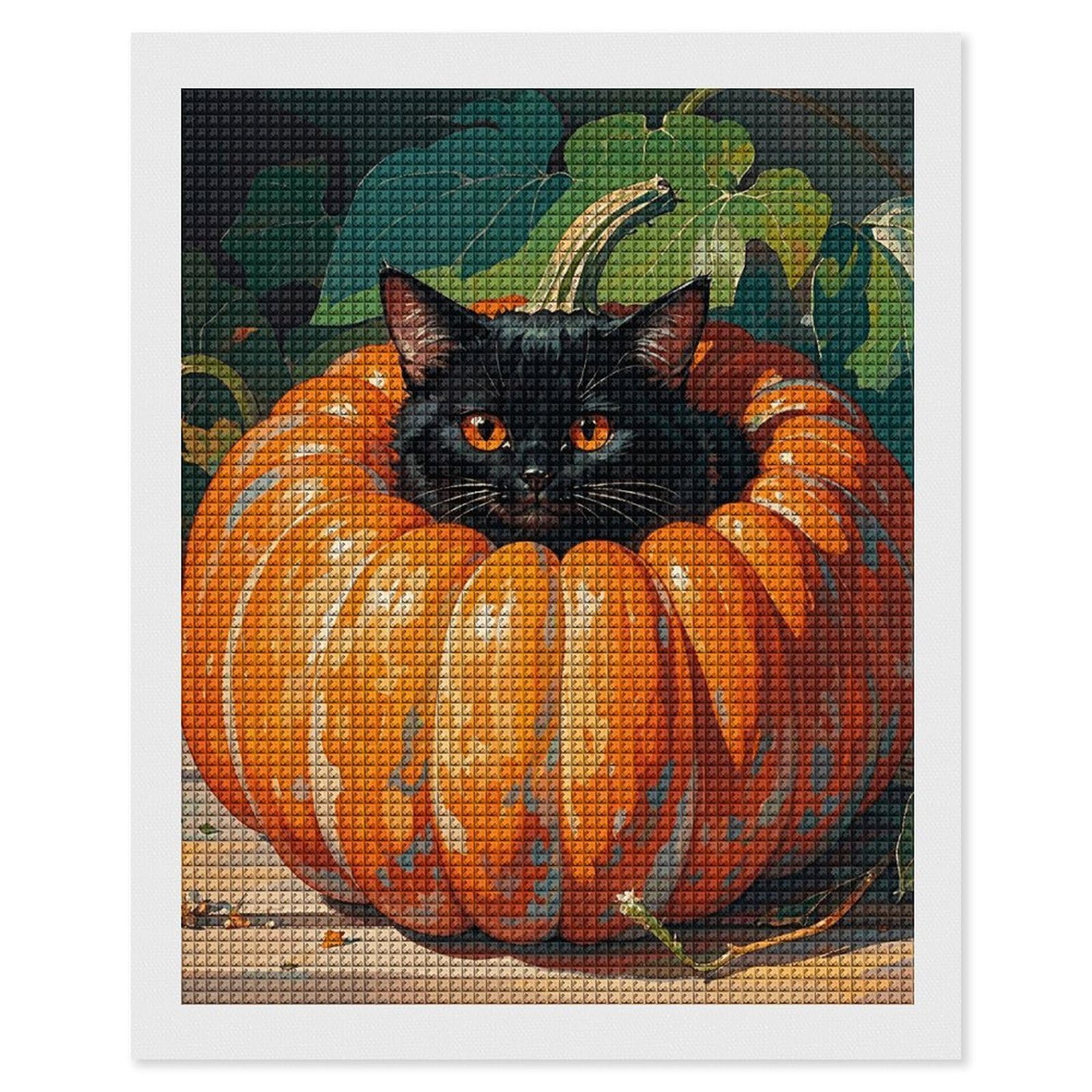 FodPand Retro Black Cat Pumpkin 5D Diamond Painting Kits for Adults Beginners Full Drill Square Diamond Dots Pictures Gem Art Supplies for Home Wall Room Decoration DIY Craft Set Gift 16x20