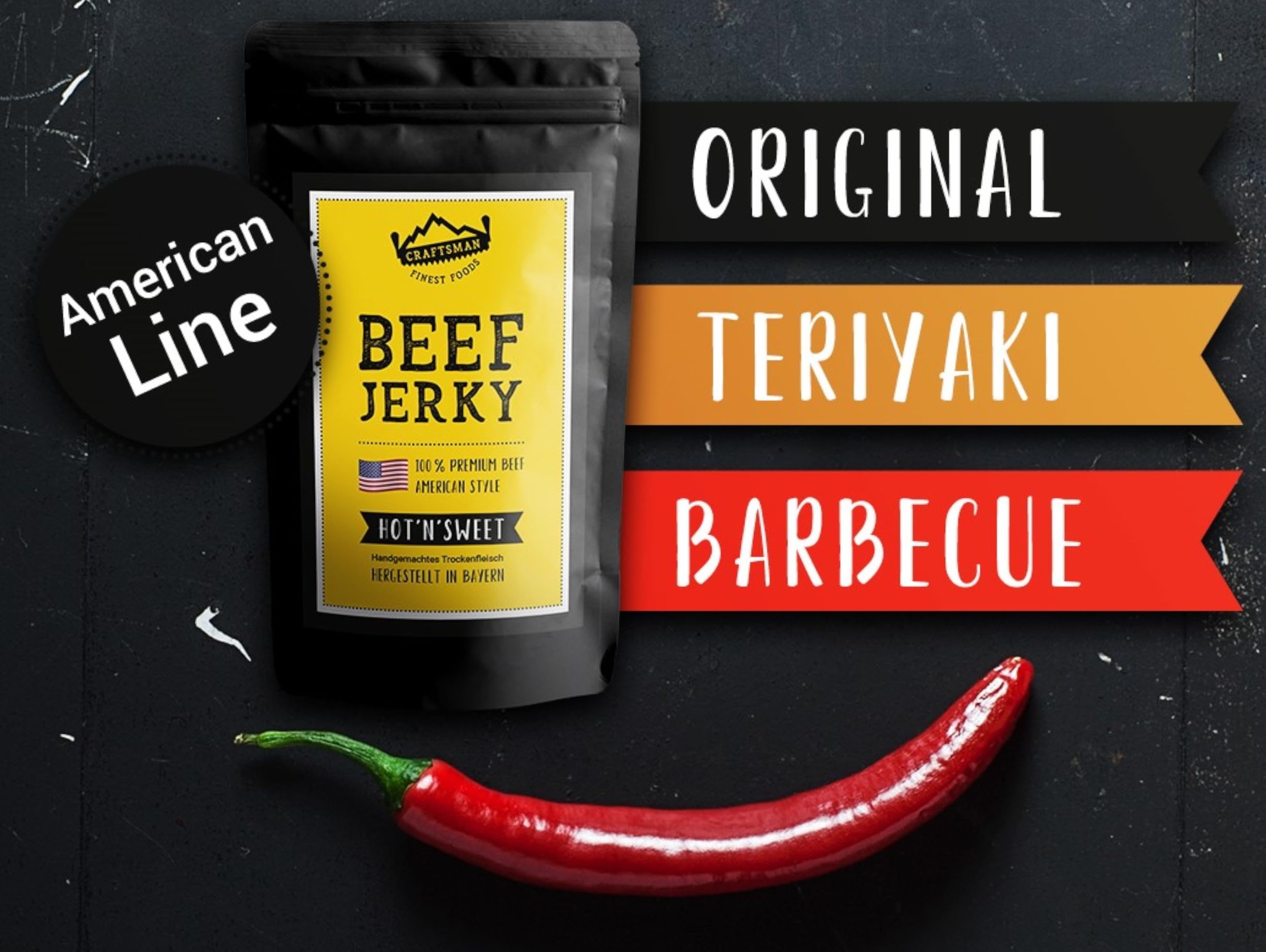 Craftsman Beef Jerky Superpack | Set 8x 50 g (400 g) Trockenfleisch Mix Set | Weiderind, Rindfleisch aus Bayern, Alle Sorten, Manufakturverfahren, Probierpack