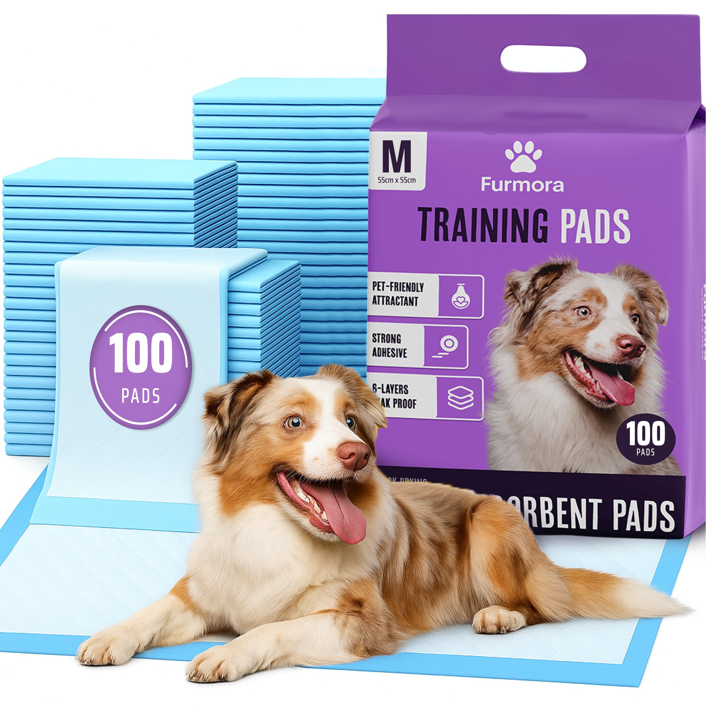 Furmora Puppy Pads 55 x 55 cm, Pack of 100 Medium Size Dog Training Mats, 6-Layer Super Absorbent Pee Pads, Leak-Proof Quick-Dry Toilet Sheets with Adhesive Corners for Indoor Potty Training