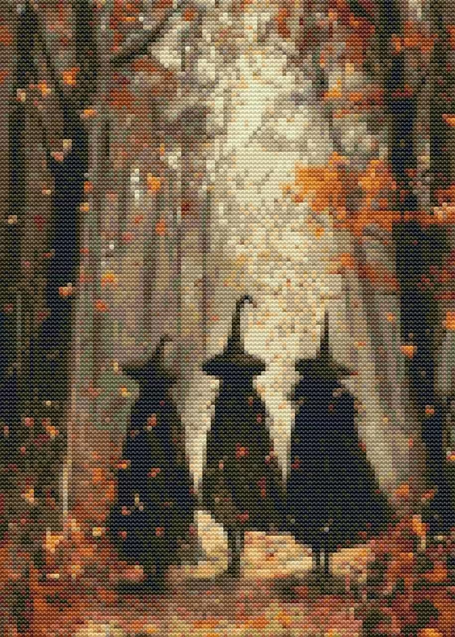 Eiazuiks Witchs Halloween Stamping Cross Stitch Kit, Halloween Counting Cross Stitch Kit For Adult Beginners, Full Line Diy Stitching Kit For Home Decor Cross Stitch Patterns 12X16 Inches