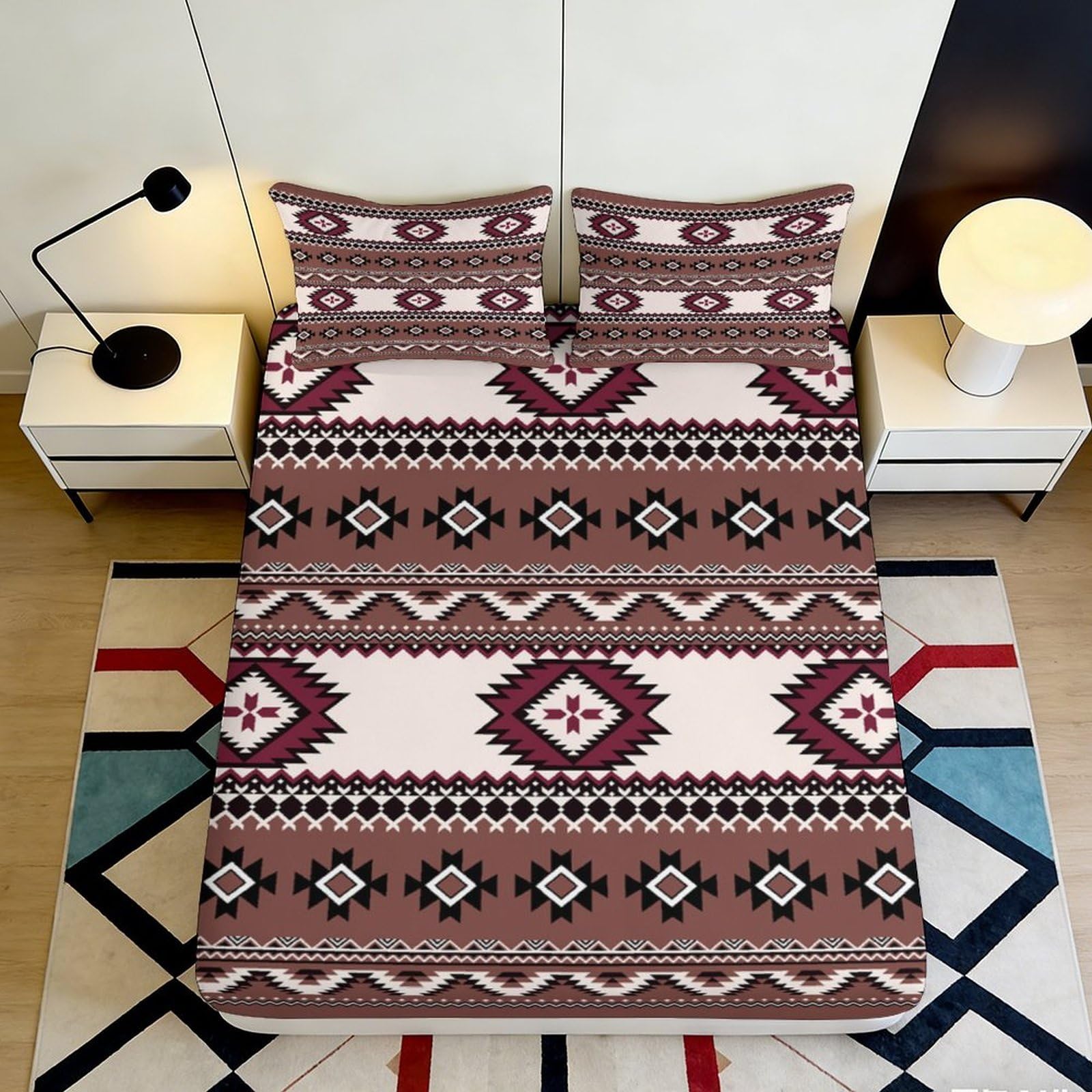 3D Printed Boho Tribal Pattern Fitted Sheet Microfiber Soft Breathable Ethnic Geometric Bed Sheet for Bedroom Living Room Decor 90x200x25cm