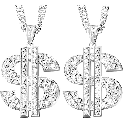 Tatuo 2 Pieces Plated Chain for Men with Dollar Sign Pendant Necklace, Hip Hop Dollar Necklace