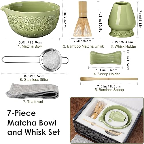 Miniatura 7 de Juego de batidor de matcha, juego de té japonés de 7 piezas, incluye cuenco de matcha con boquilla, batidor de bambú con soporte de cerámica, Verde